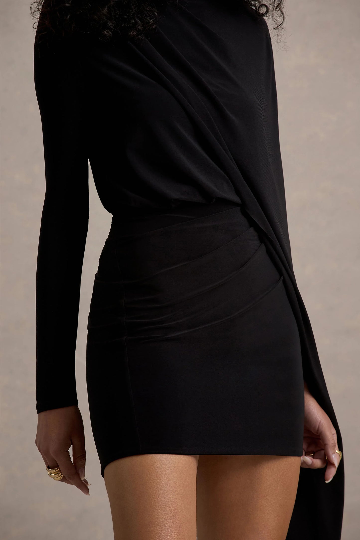 Celeste | Black Long-Sleeve Mini Dress With Cape Sleeve