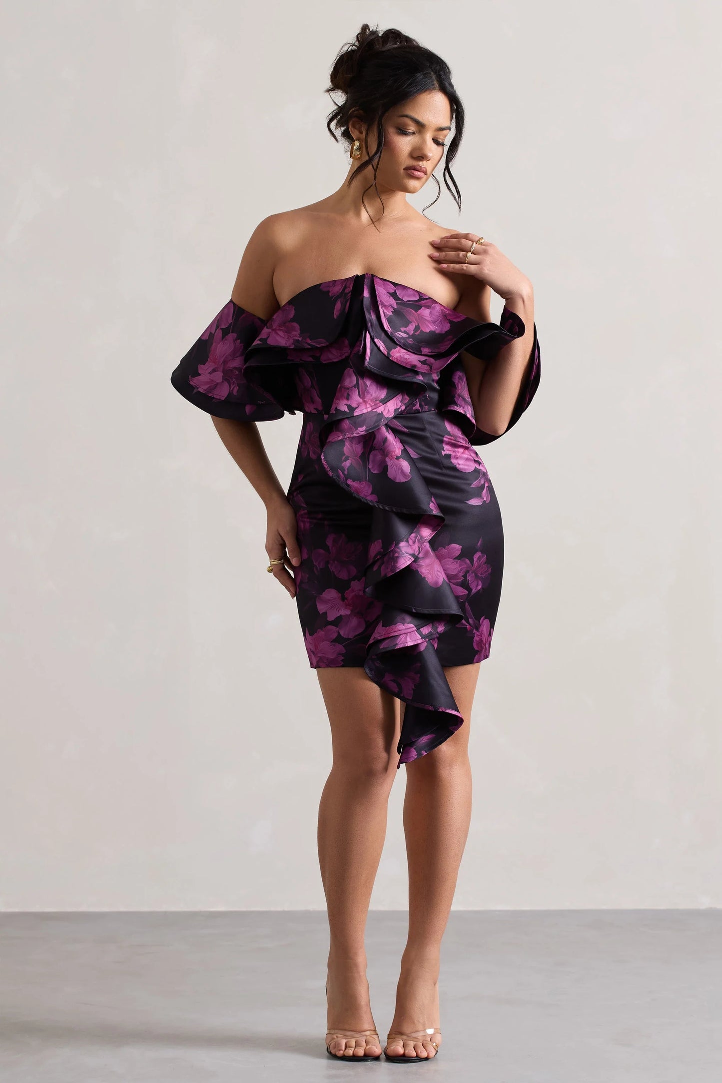 Aspen | Black Floral Print Bardot Mini Dress With Ruffles