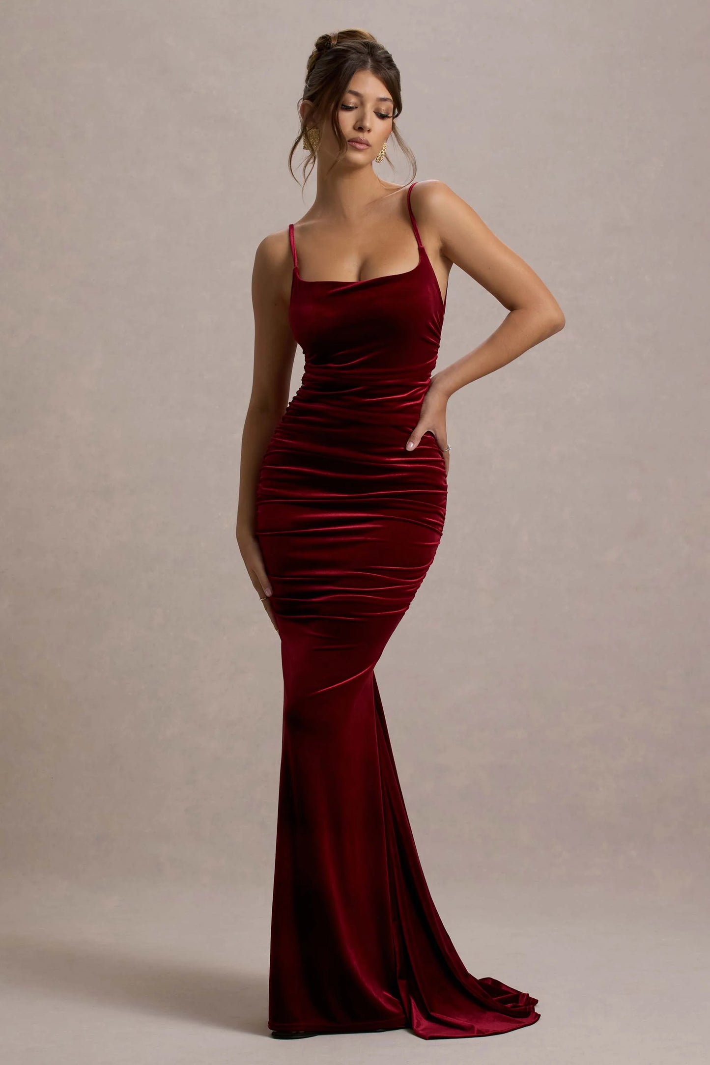 Adele | Berry Velvet Ruched Strappy Fishtail Maxi Dress