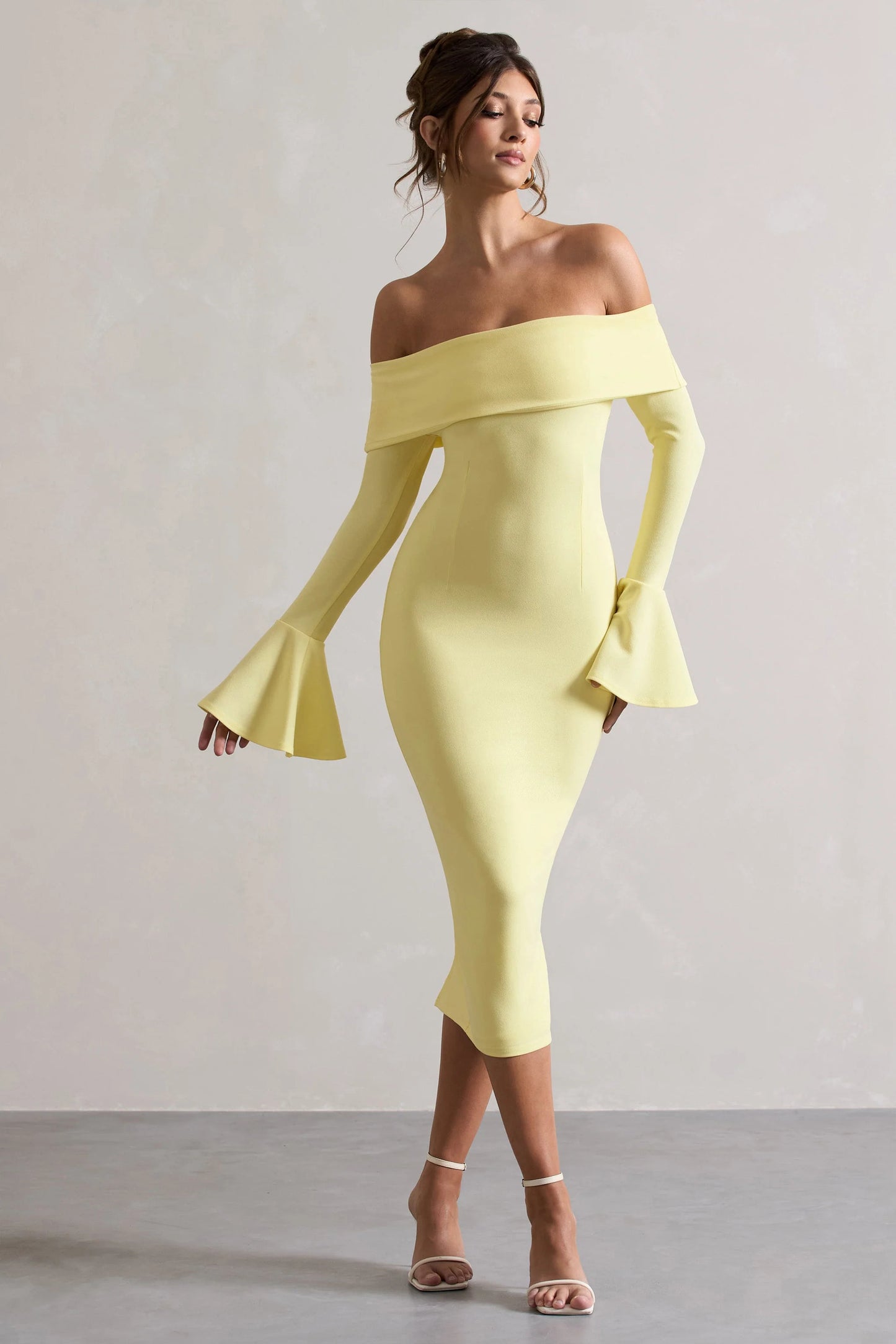 Emma | Lemon Bardot Flared-Sleeve Midi Dress