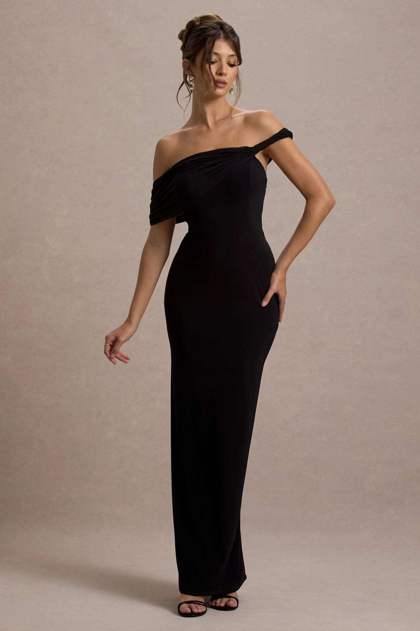 Alonza | Black Twisted Bardot Maxi Dress