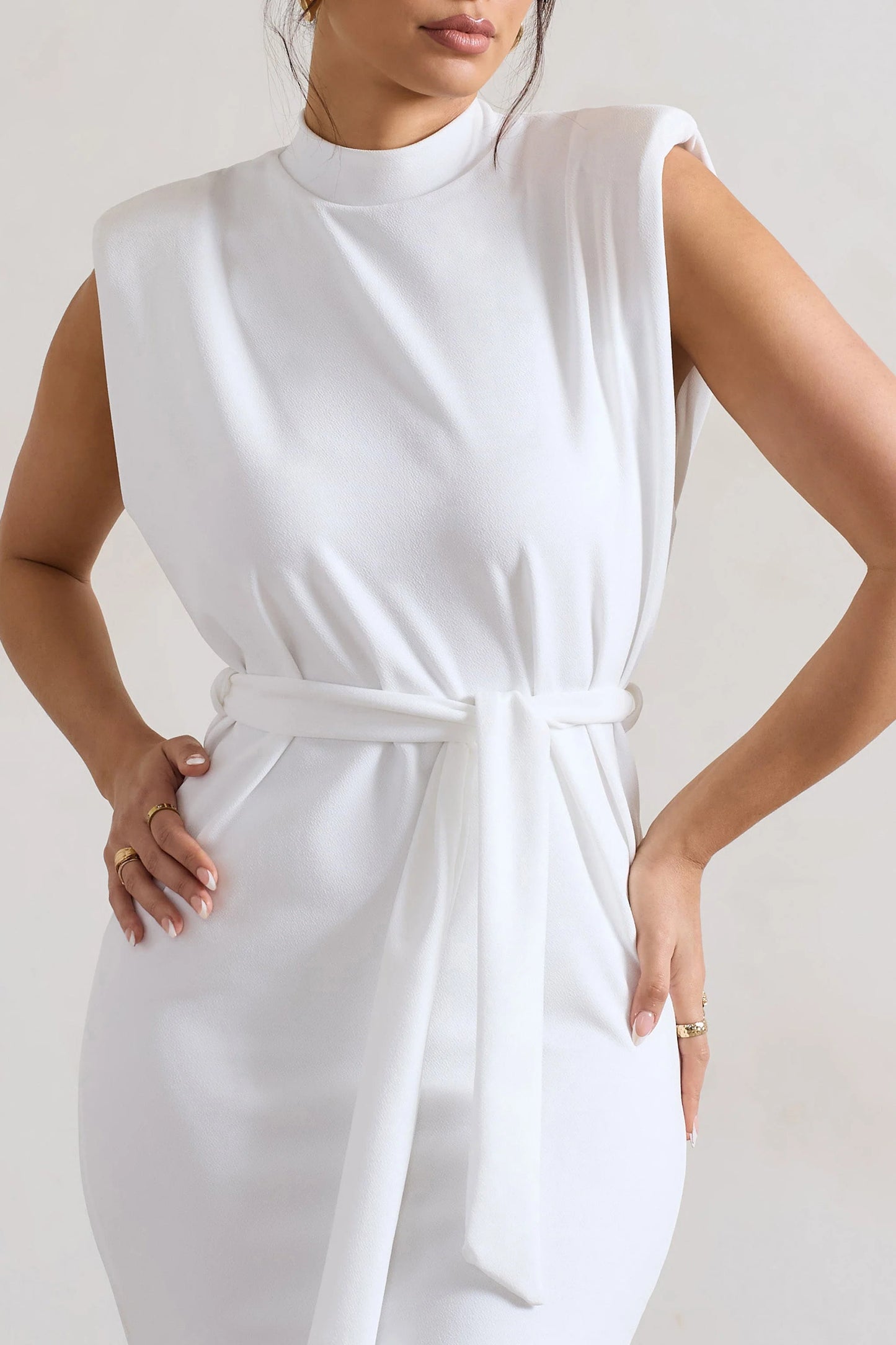 Abbie | White High-Neck Maxi Dress With Tie Waist