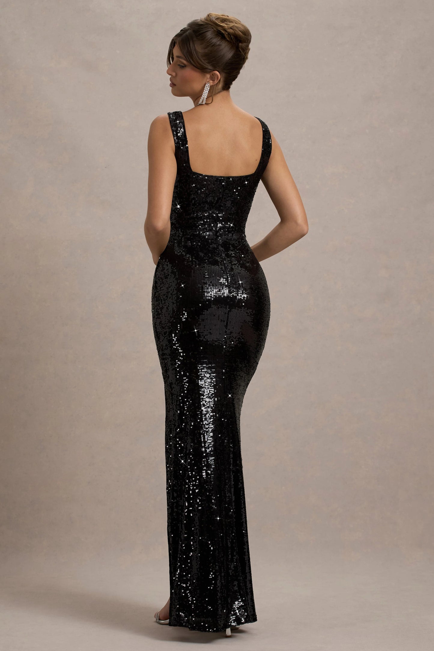 High Life | Black Sequin Square Neck Split Front Maxi Dress