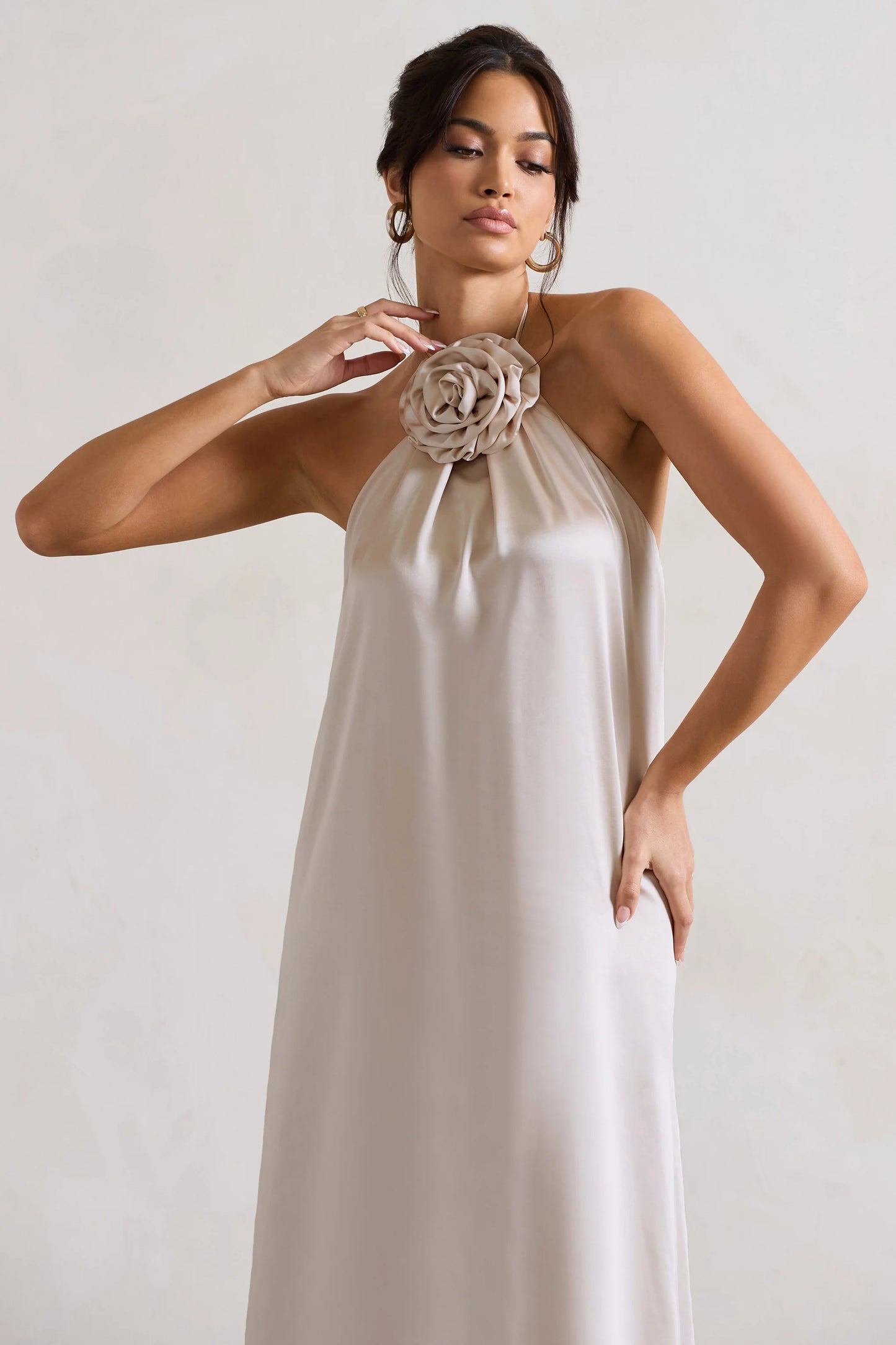 Everleigh | Cream Satin Relaxed Fit Maxi Column Dress With Corsage