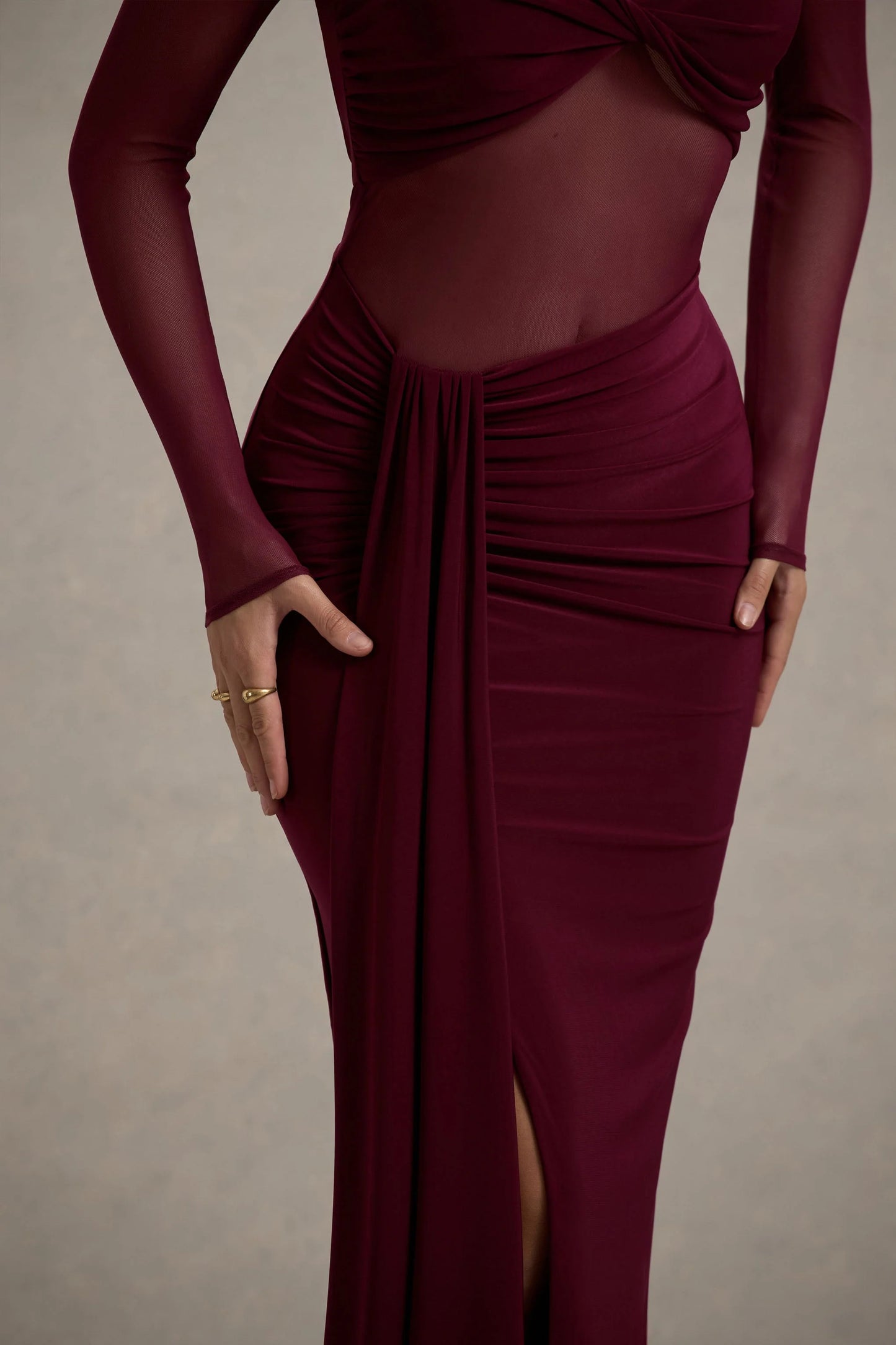 Cover Star | Burgundy Mesh Bardot Long-Sleeve Draped Maxi Dress