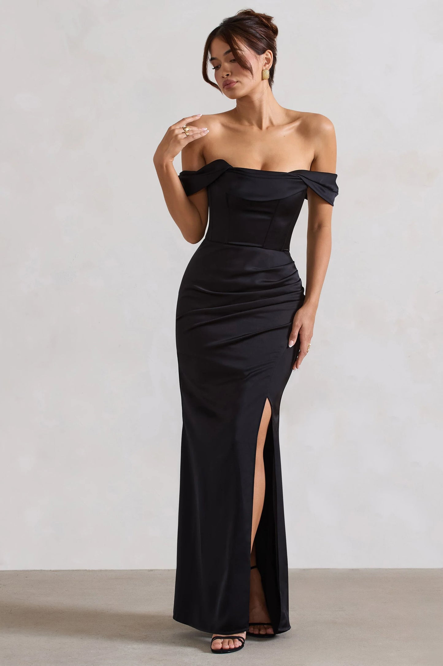 Kimberly | Black Bardot  Satin Maxi Dress