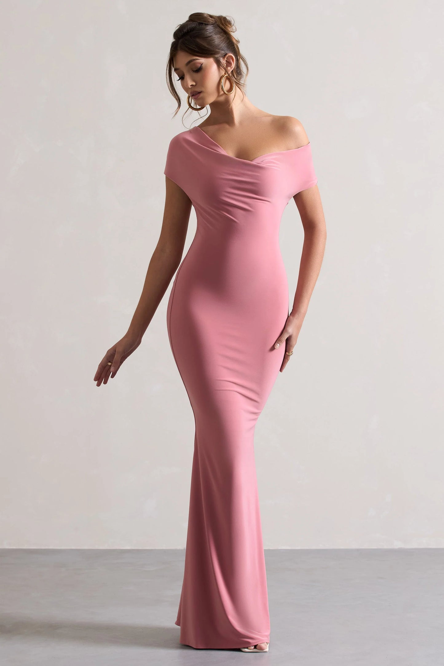 Avila | Blush Pink Asymmetric Bardot Maxi Dress