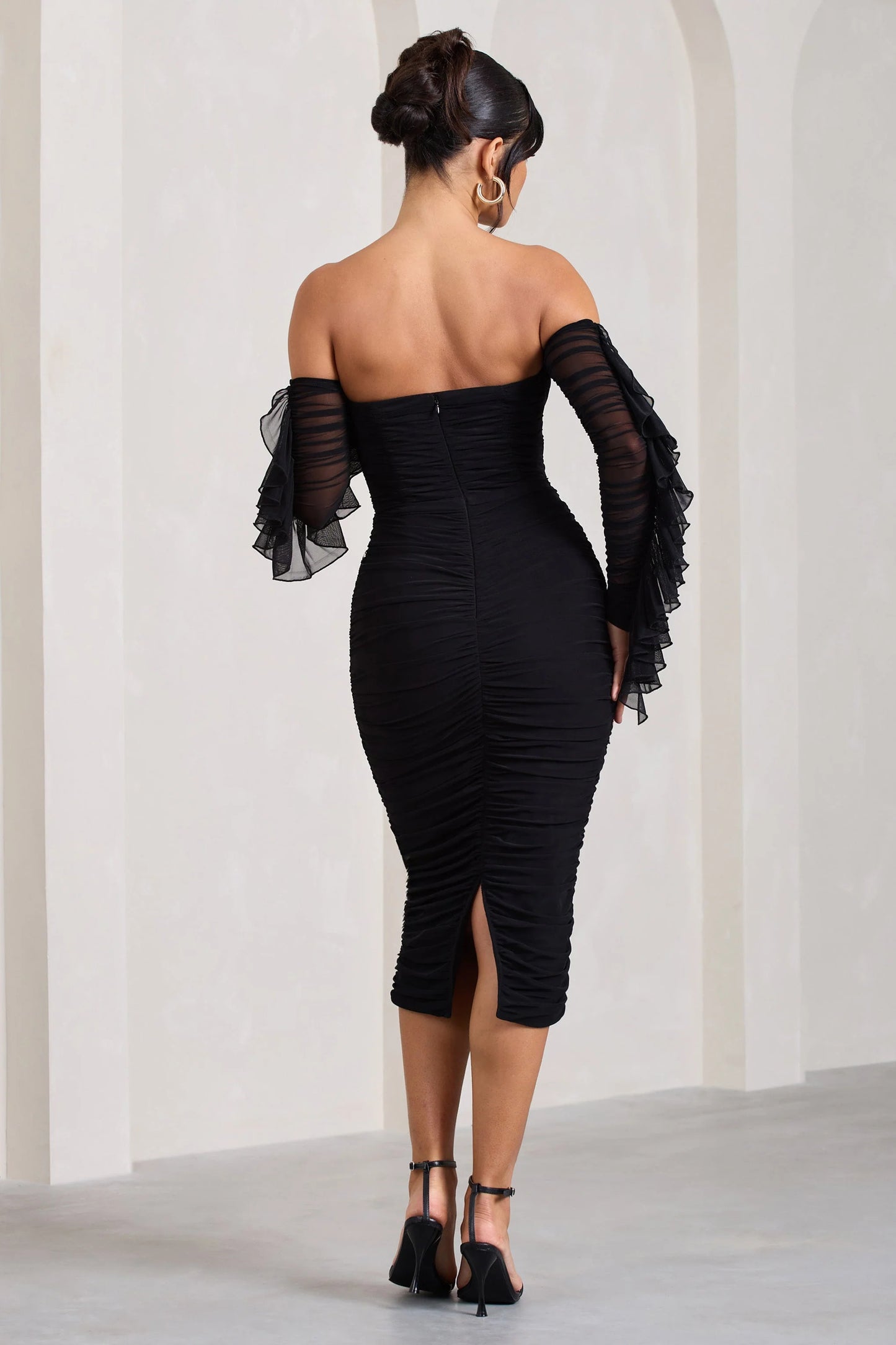 Favor | Black Ruched Mesh Bardot Midi Dress