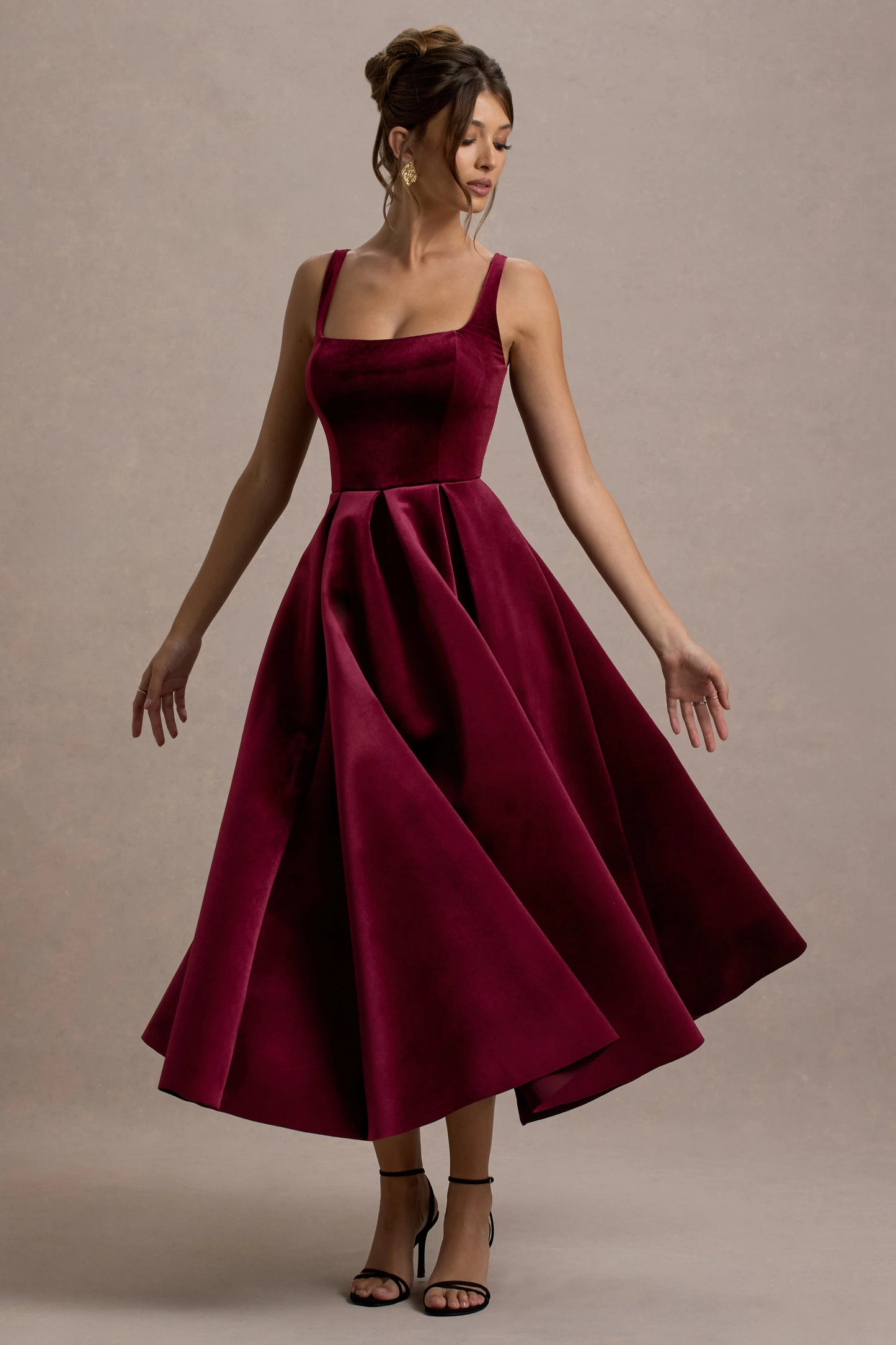 Francisca | Berry Velvet Strappy Volume-Hem Midi Dress