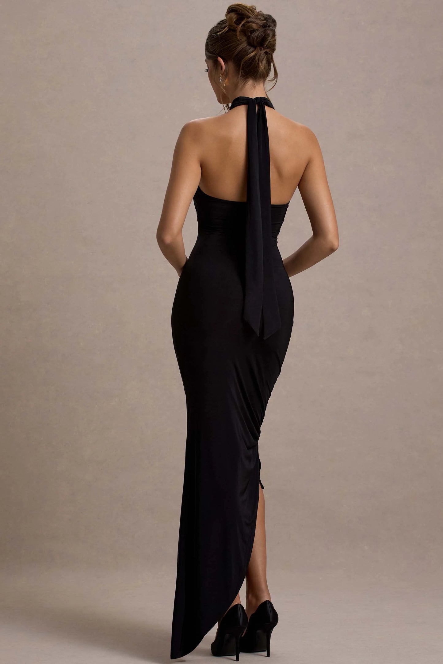 Jaiya | Black Ruched Halter-Neck Asymmetric Maxi Dress