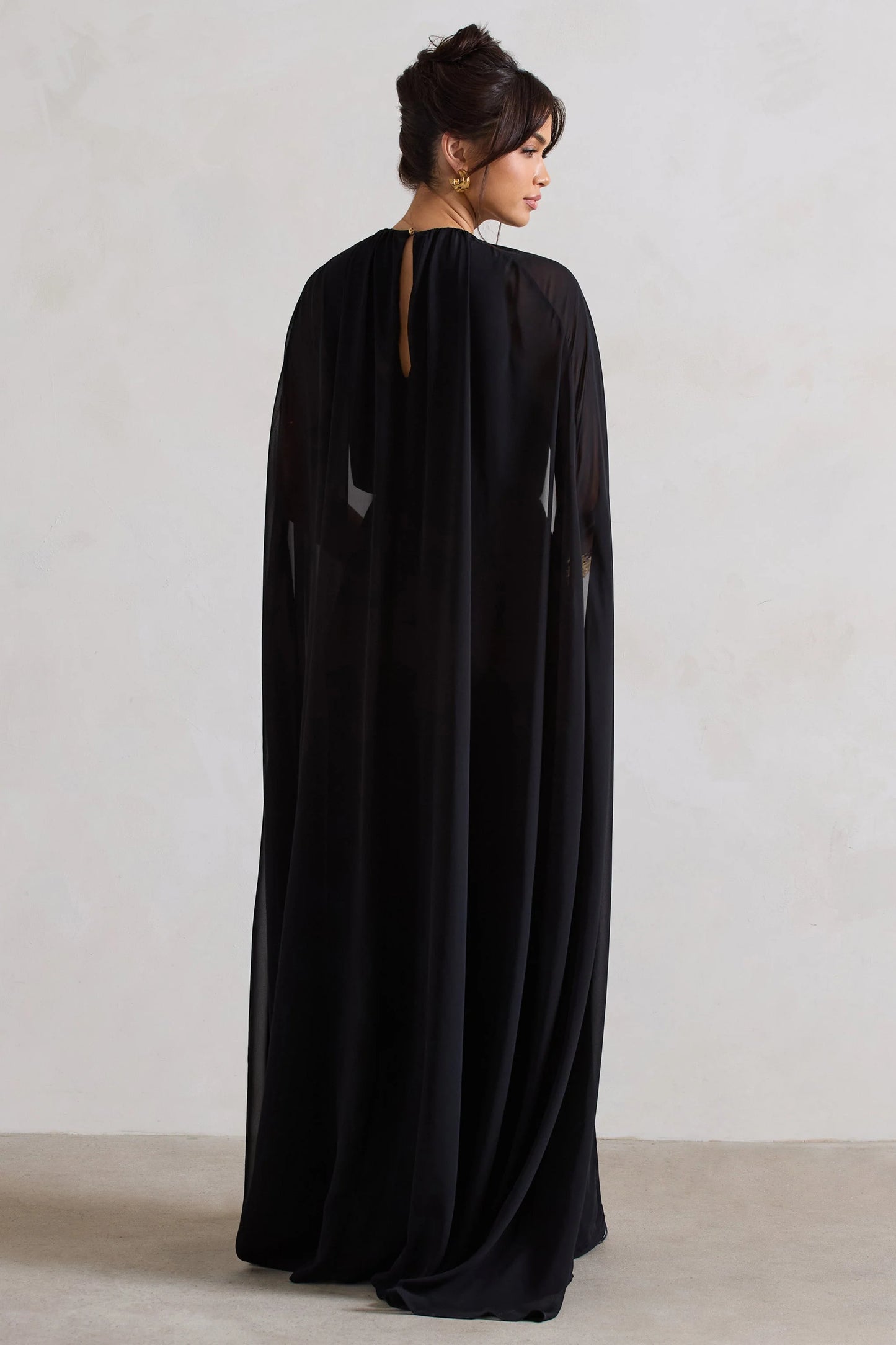 Envy | Black Gathered Maxi Dress With Chiffon Cape