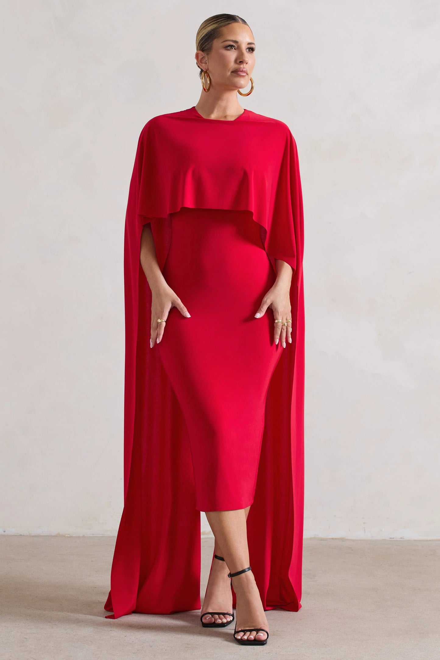 Camellia | Red Midi Dress With High-Low Cape