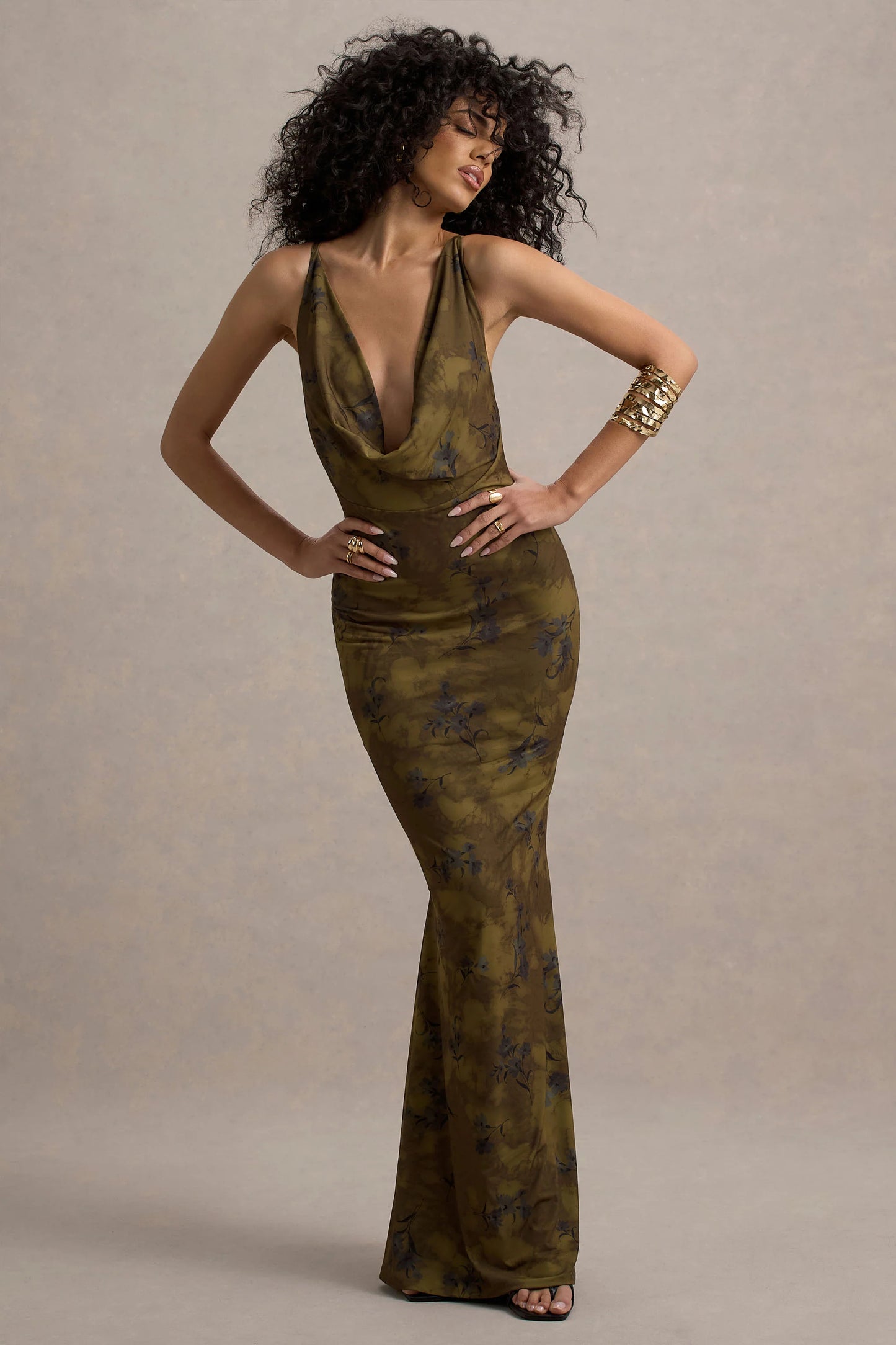 Allana | Yellow Floral Print Cowl-Neck Open-Back Maxi Dress