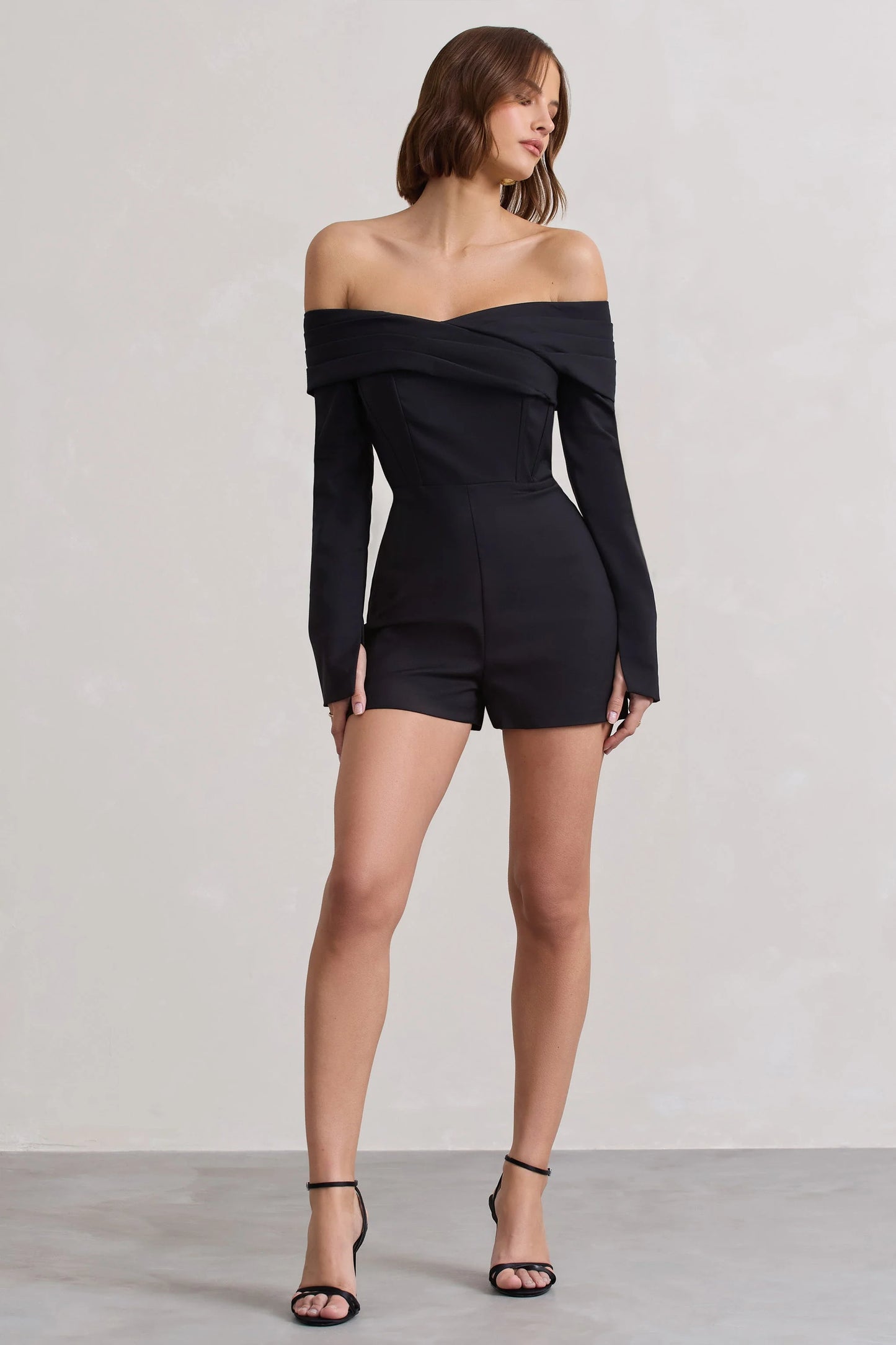 Front Row | Black Long-Sleeved Bardot Corset Playsuit