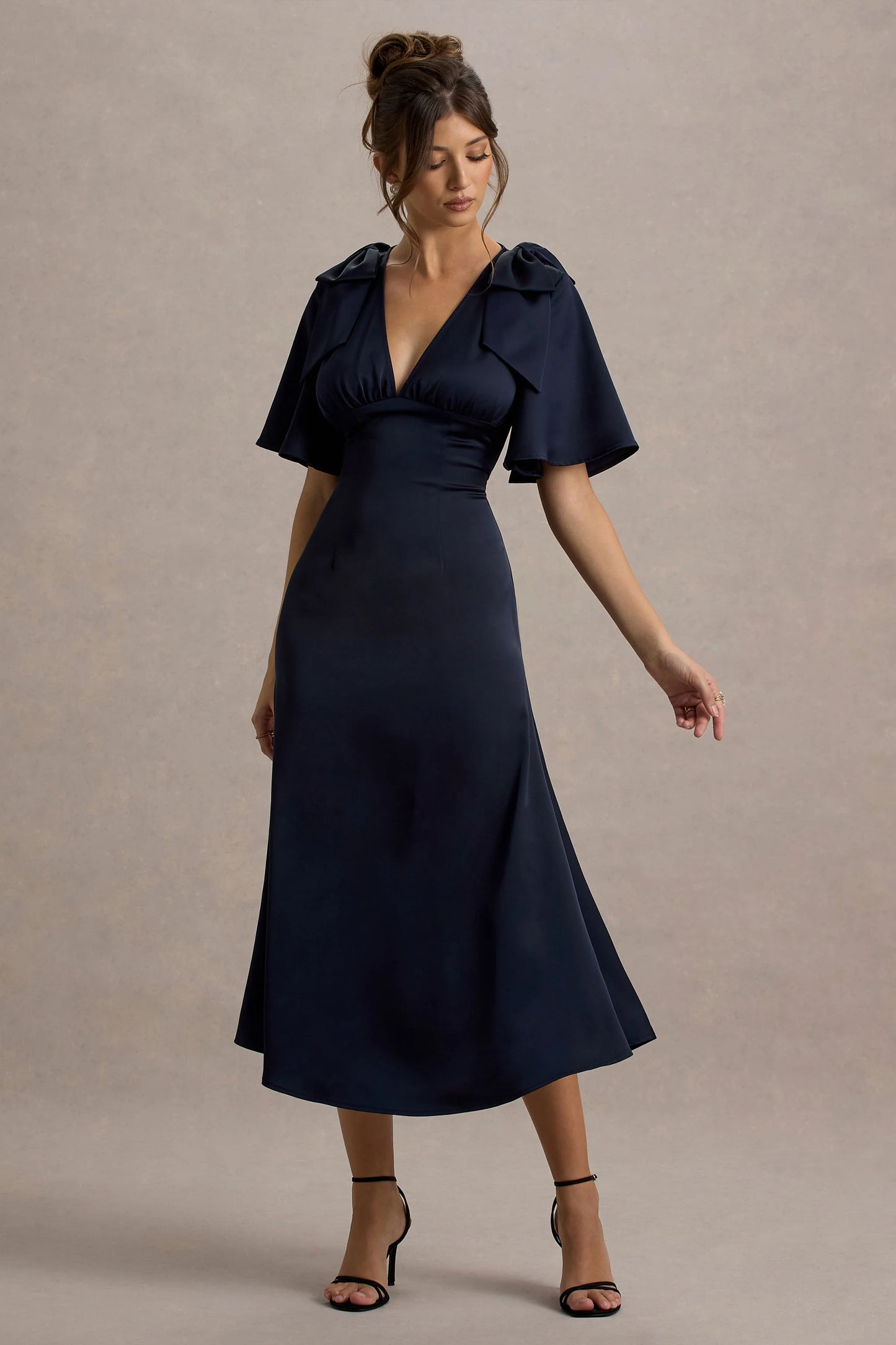 Danna | Navy Satin V-Neck Short-Sleeve Midi Dress