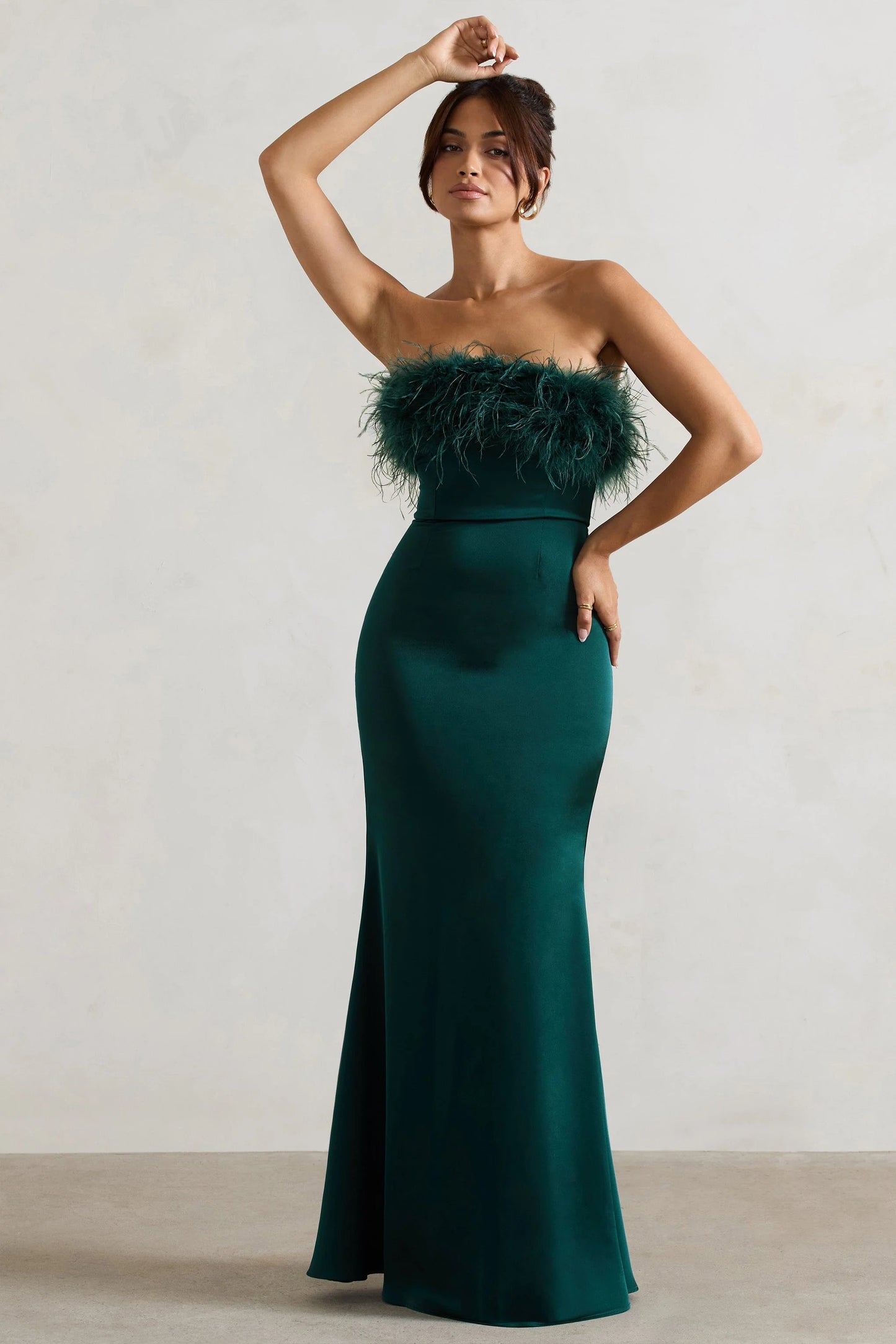 Dress For It | Bottle Green Satin Feather Trim Bandeau Maxi Dress