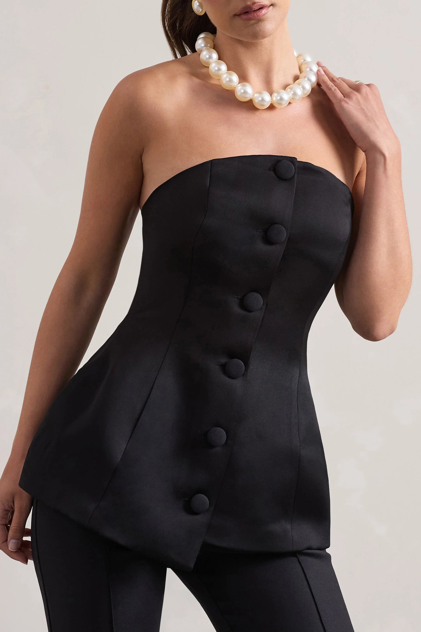 Century | Black Satin Strapless Button Front Corset Top