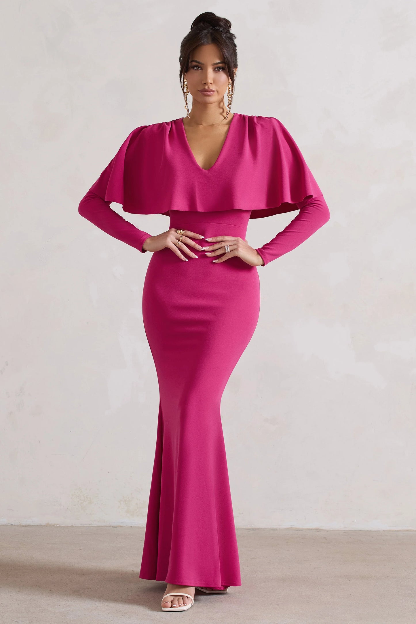 Dalia | Dark Pink V-Neck Draped Long Sleeve Maxi Dress