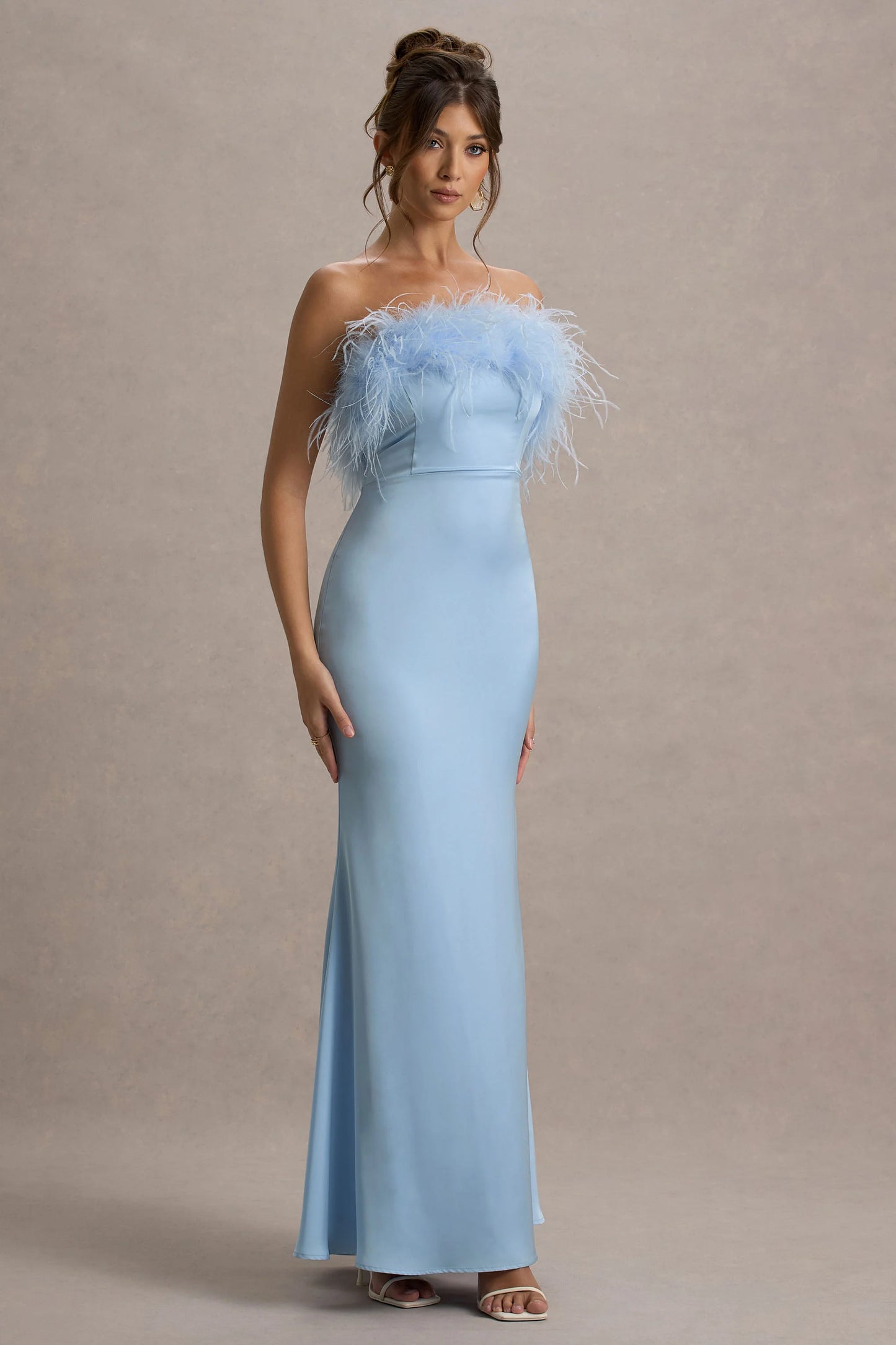 Dress For It | Powder Blue Satin Feather Trim Bandeau Maxi Dress