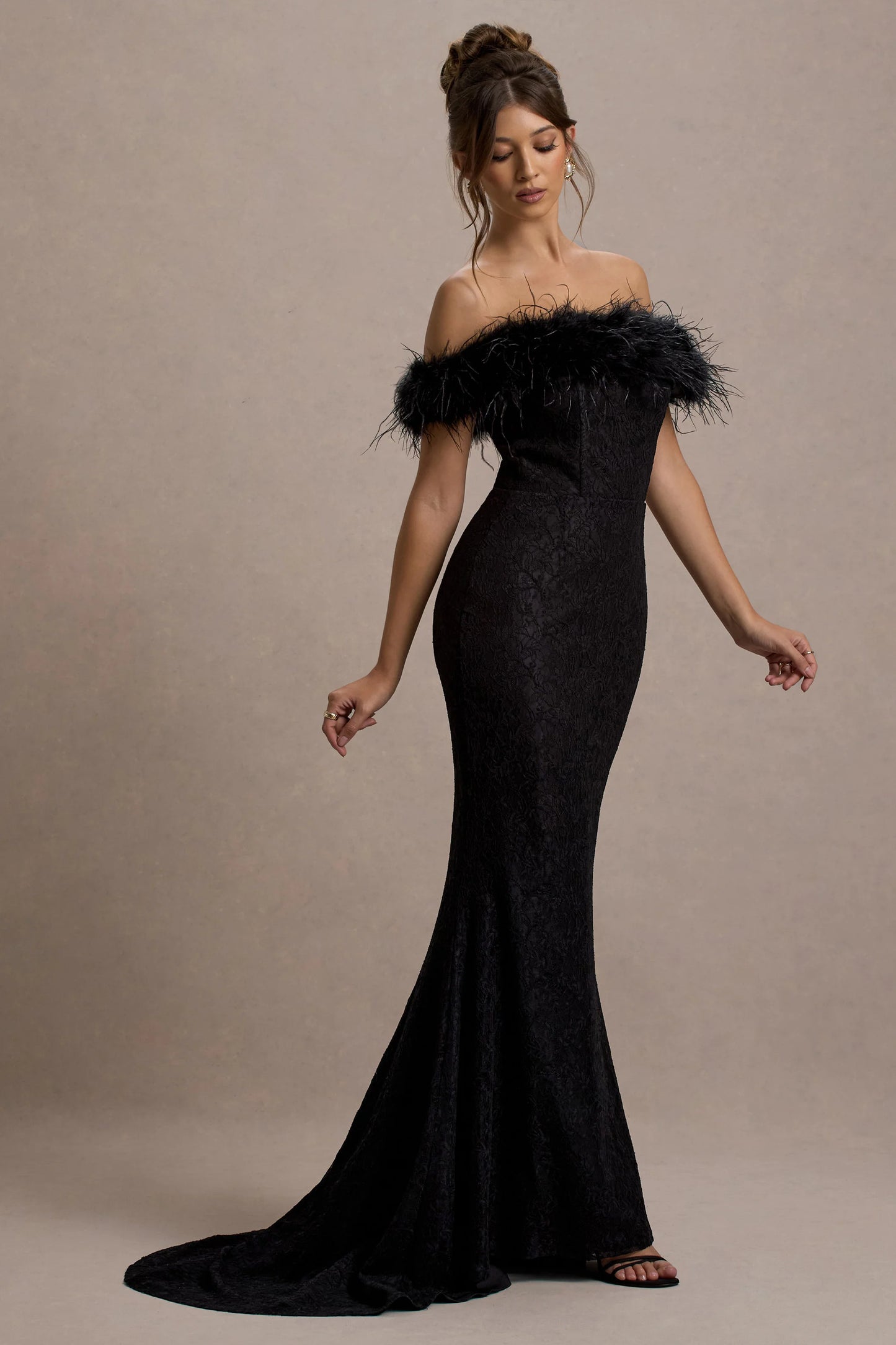 Idyll | Black Lace Bardot Feather Fishtail Maxi Dress