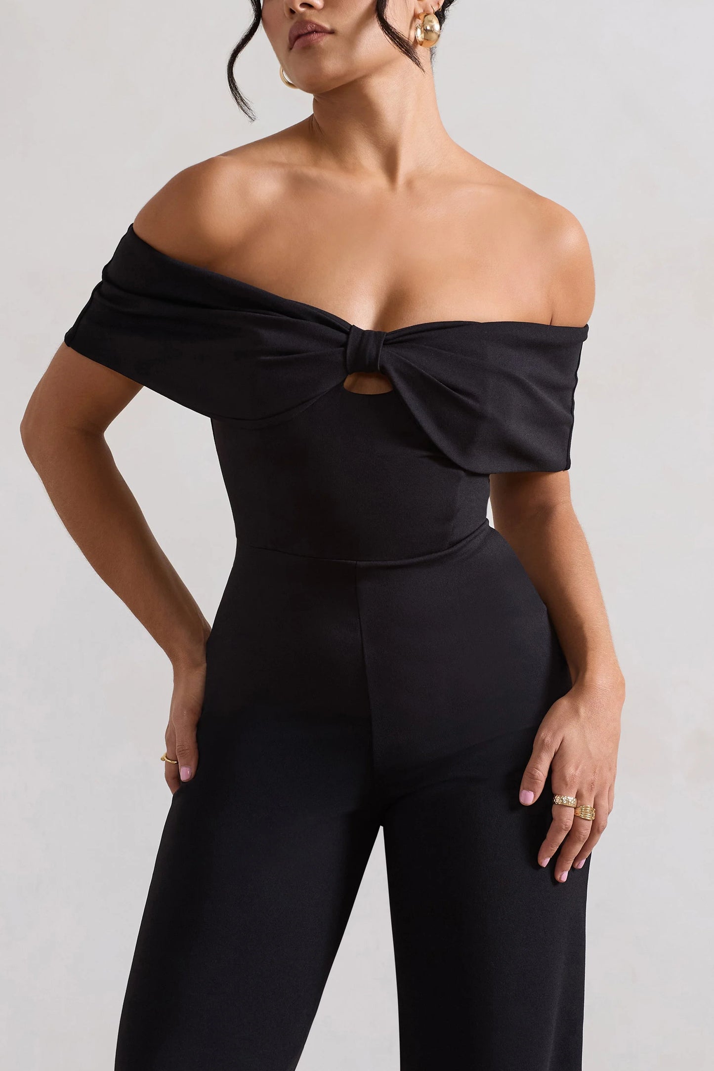 Harleen | Black Bow Bardot Wide-Leg Jumpsuit