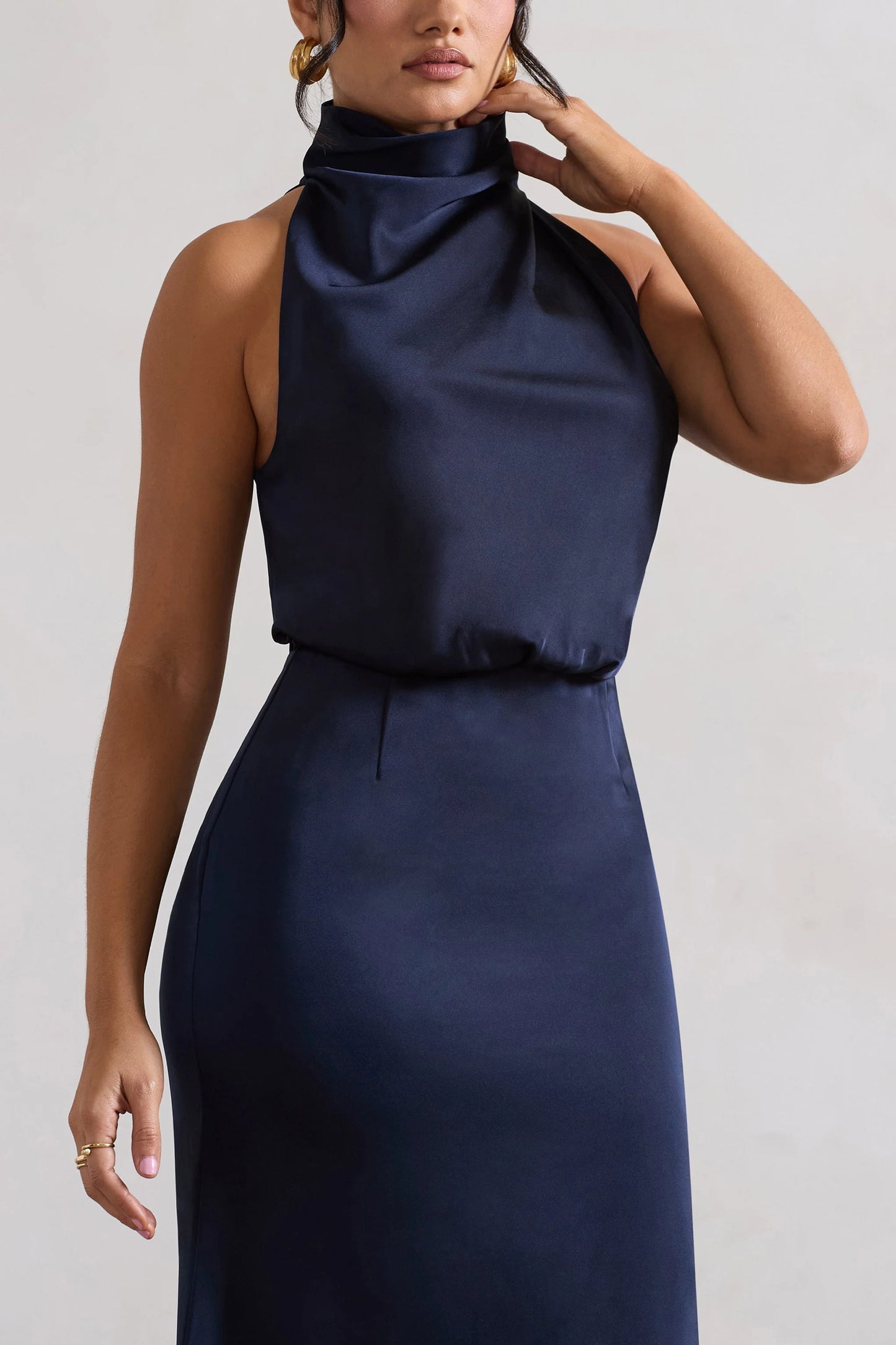 Geena | Navy Satin Twisted High-Neck Midi Dress