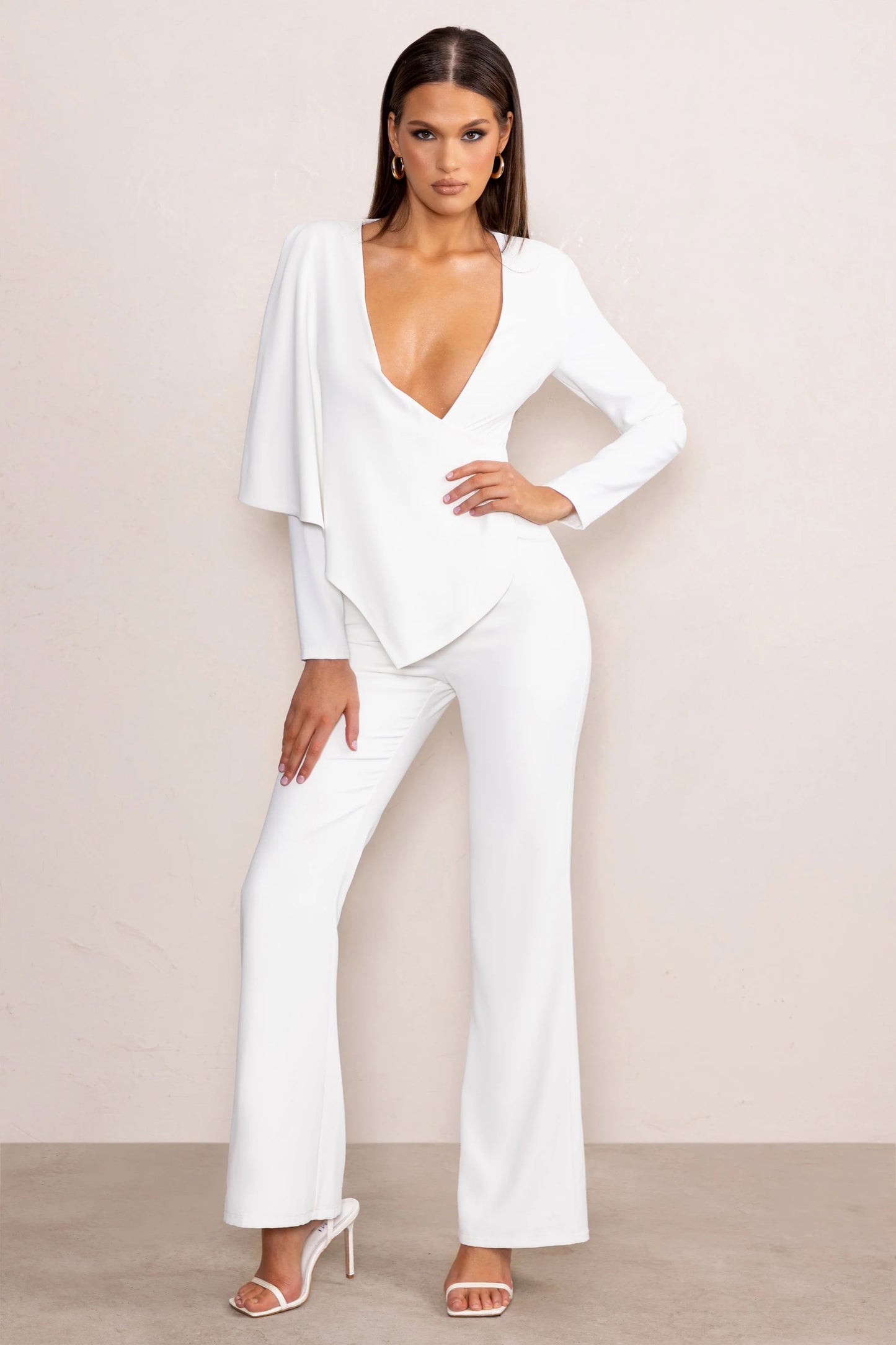 Erika | White Plunge Jumpsuit with One-Shoulder Cape Overlay