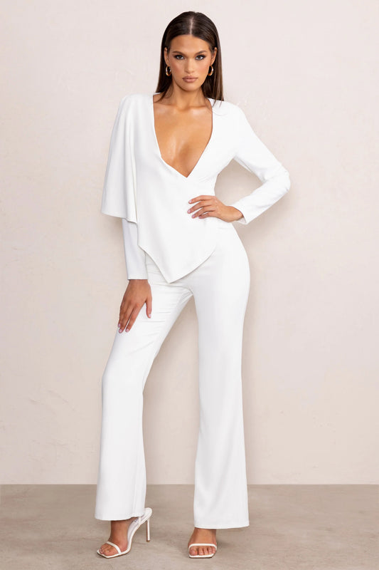 Erika | White Plunge Jumpsuit with One-Shoulder Cape Overlay