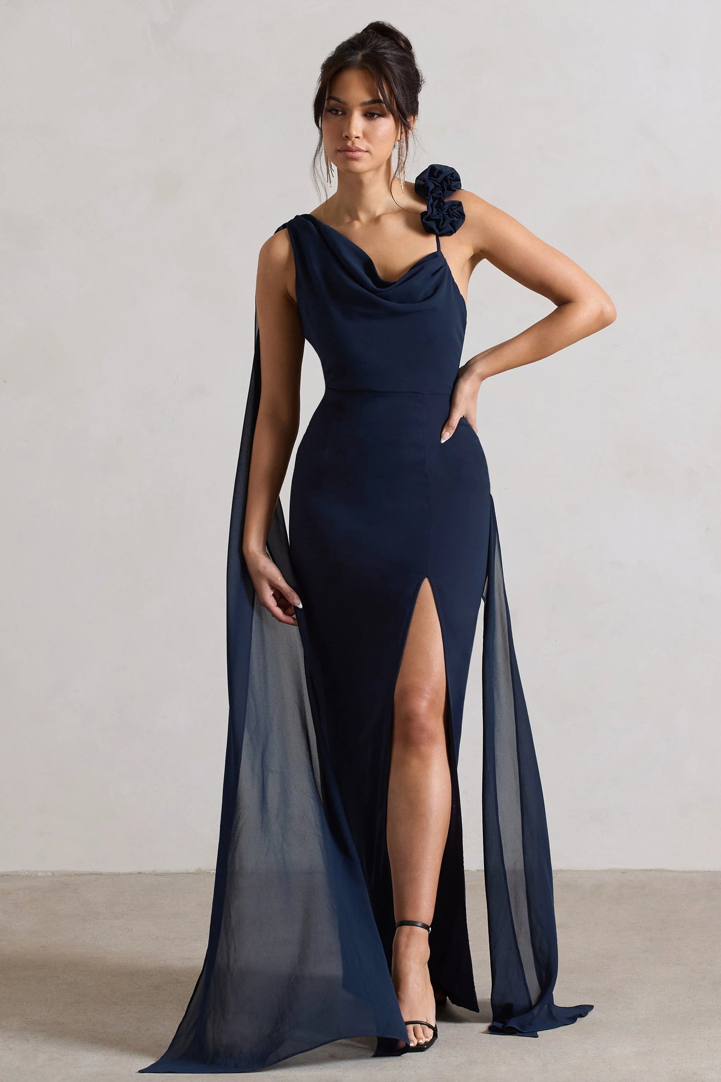 Angeline | Navy Chiffon Draped Split Maxi Dress With Corsages