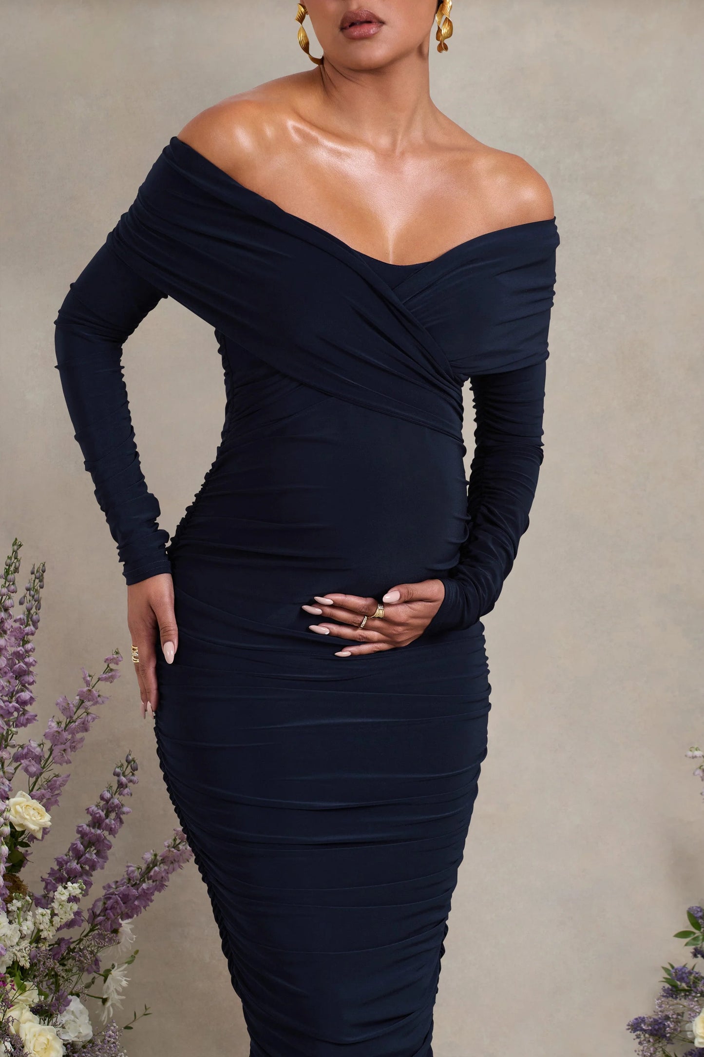 Davina | Navy Ruched Twist Bardot Long-Sleeve Maternity Midi Dress