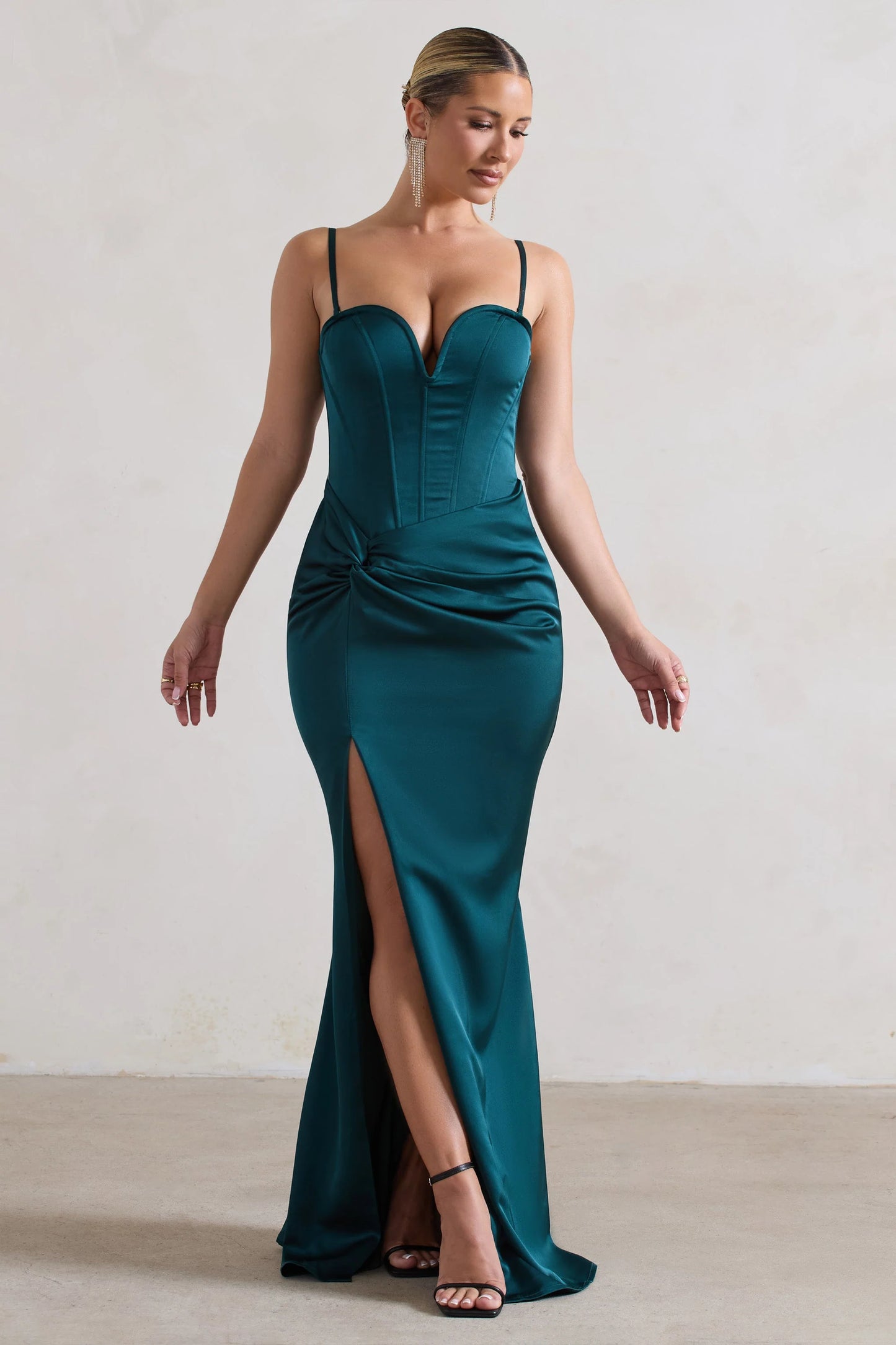 Ardelle | Dark Green Satin Corseted Wrap Maxi Dress