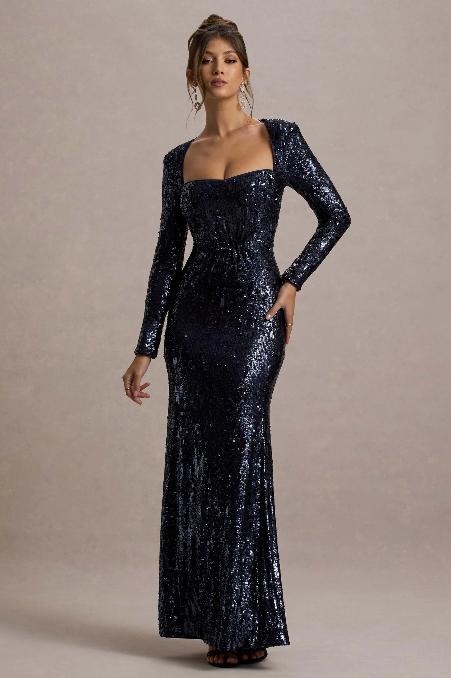 Ensley | Navy Sequin Sweetheart Long-Sleeve Maxi Dress