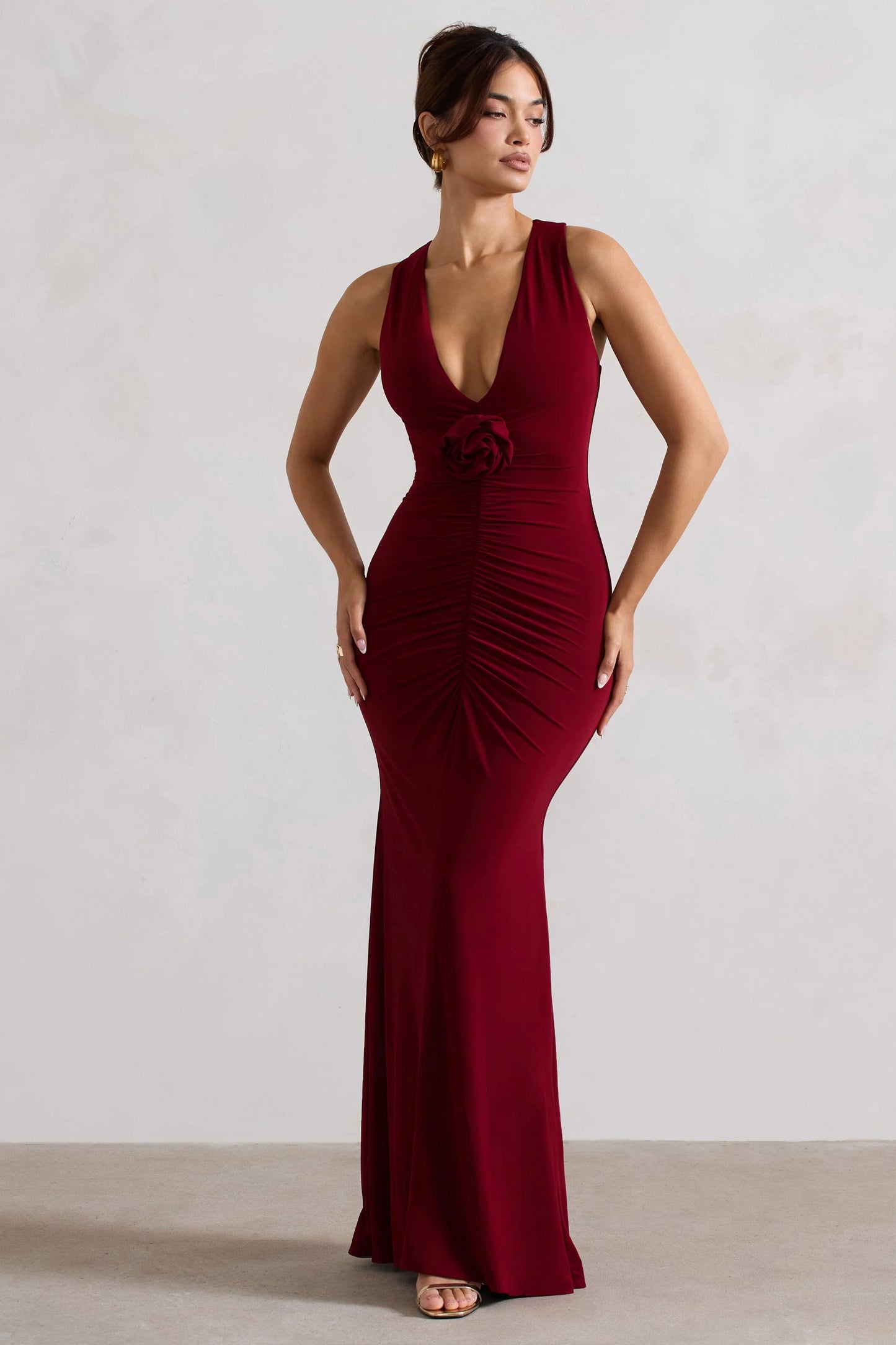 Julianna | Wine Plunge-Neck Ruched Maxi Dress With Corsage