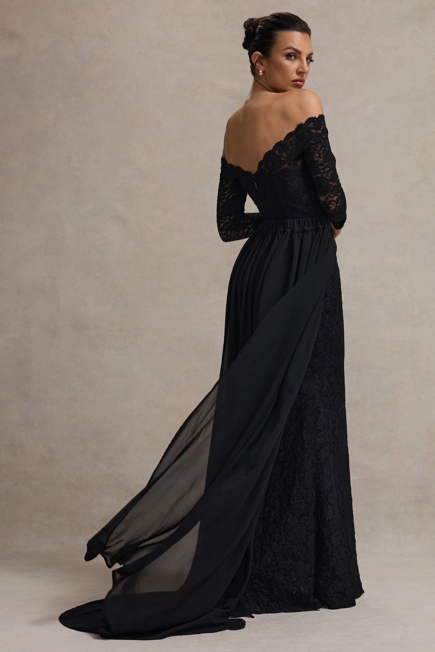 Astoria | Black Lace Bardot Maxi Dress With Chiffon Skirt