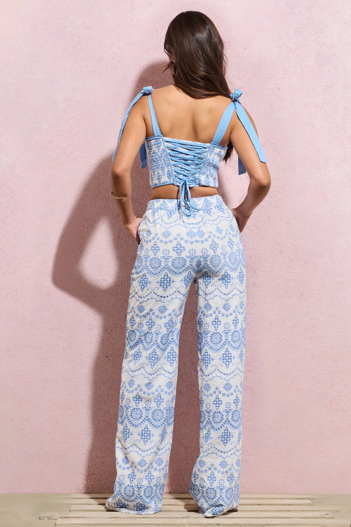 Days To Come | White & Blue Broderie Wide-Leg Trousers