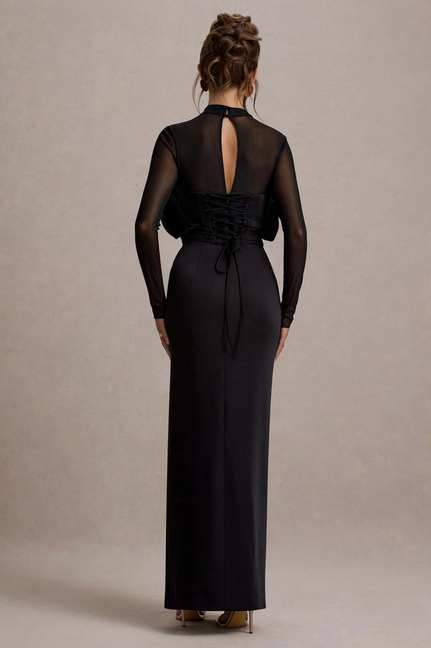 Alder | Black Mesh Long-Sleeve Ruffled Split Maxi Dress