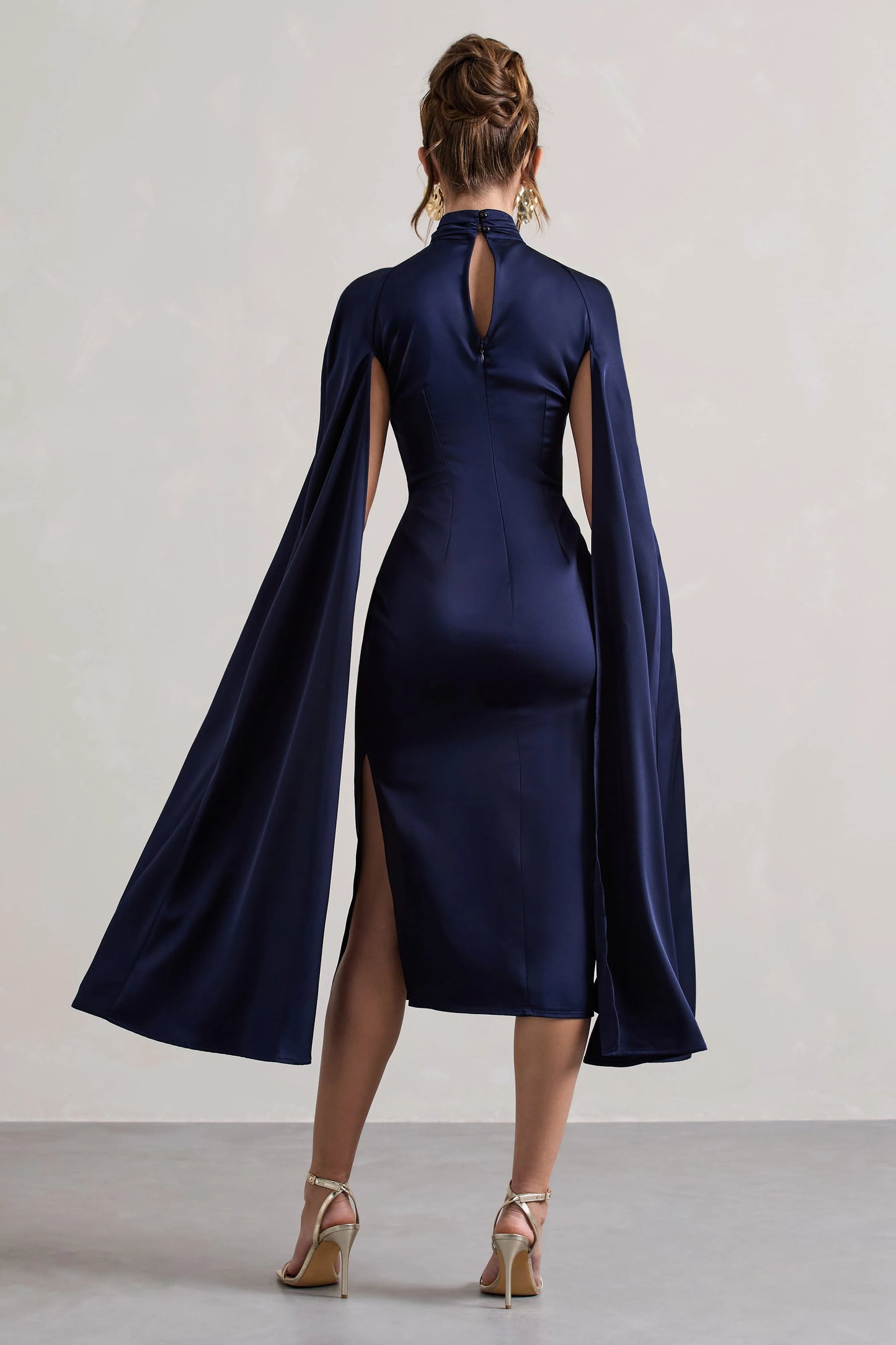 Brogan | Navy Satin High-Neck Midi Dress With Cape Sleeves