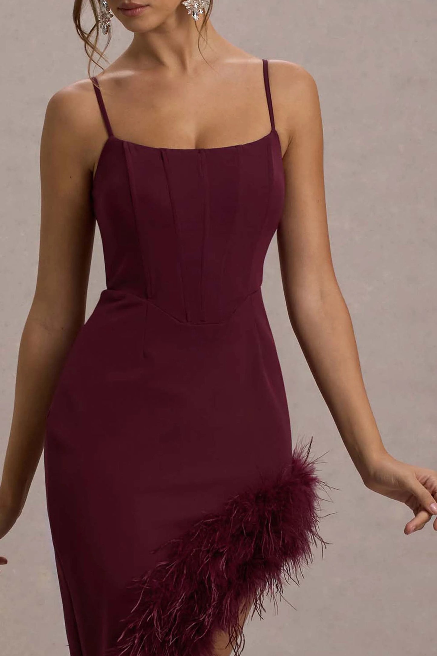 High Status | Burgundy Strappy Corset Asymmetric Maxi Dress With Feather Trim