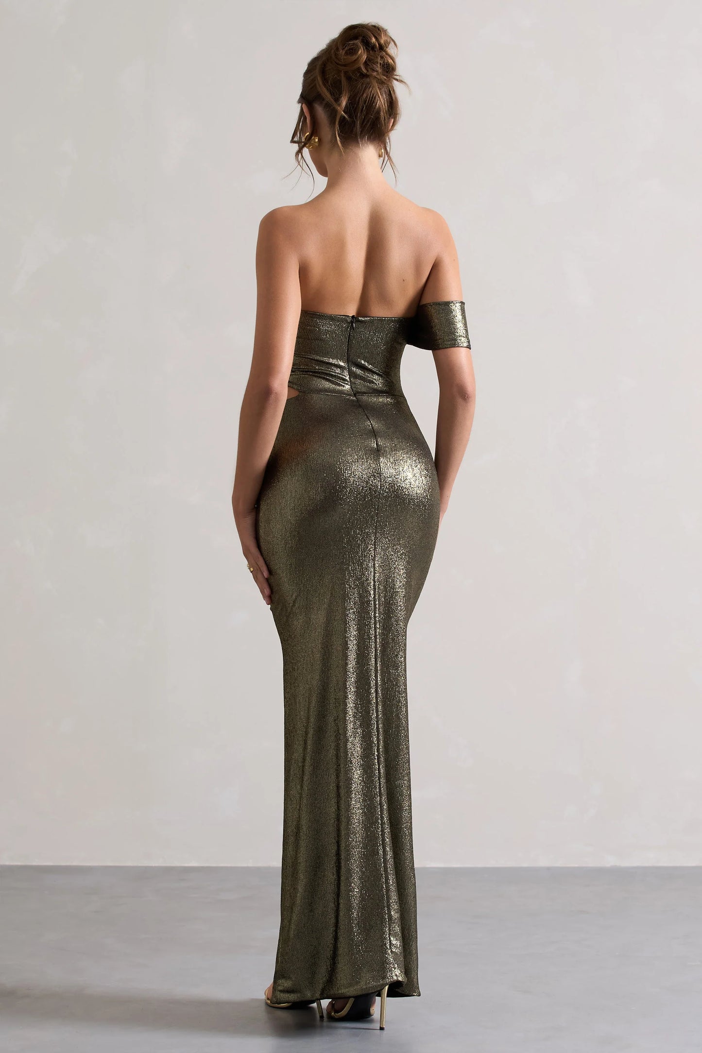 Gilded | Gold Metallic One-Sleeved Cut-Out Split Maxi Dress