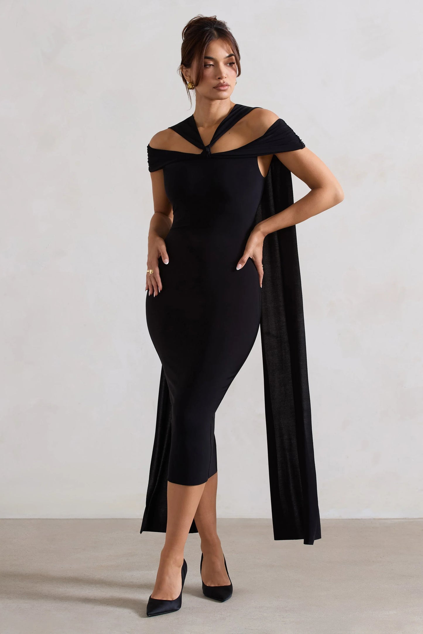 Galia | Black Strappy Midi Dress With Drape