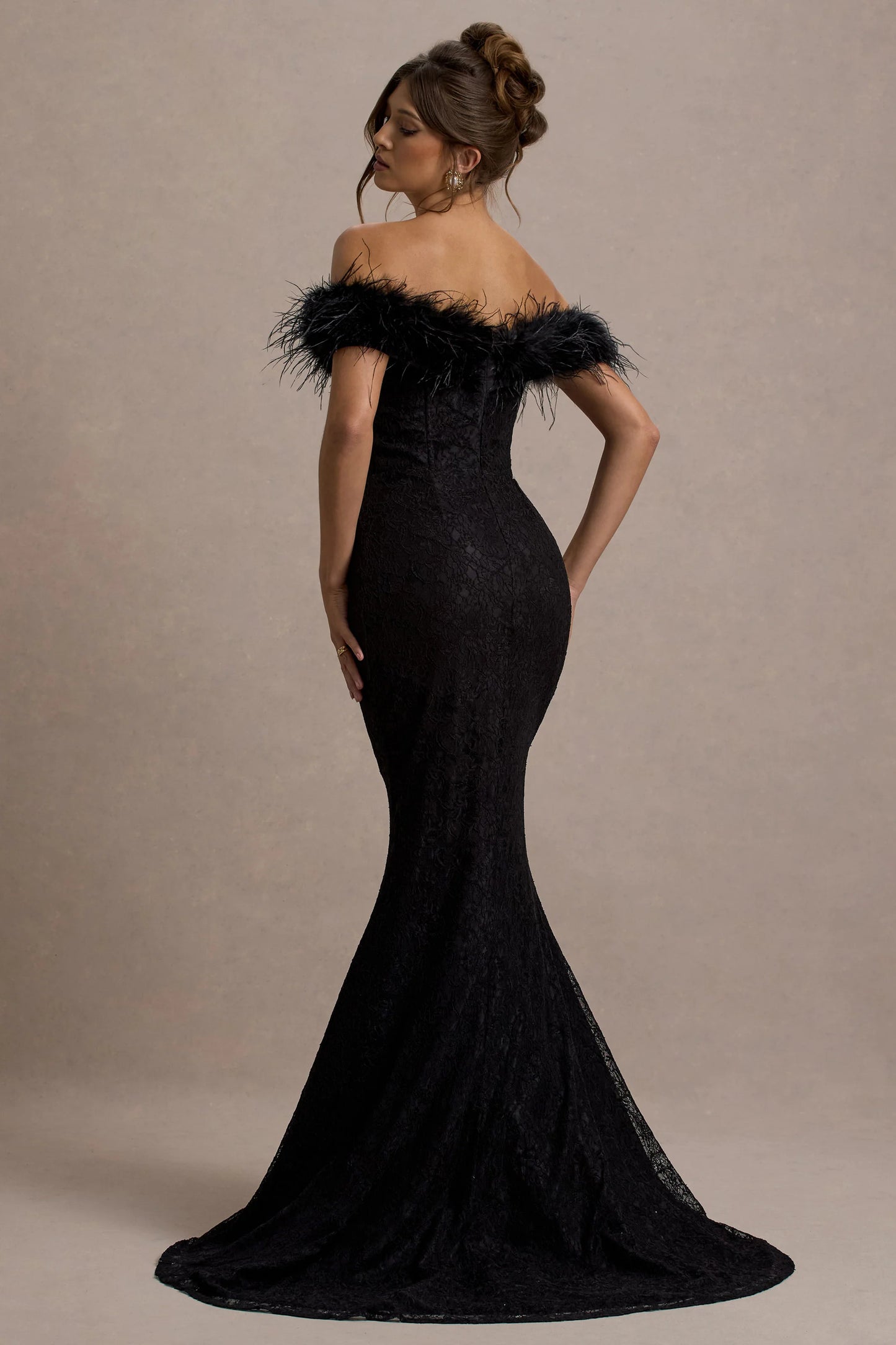 Idyll | Black Lace Bardot Feather Fishtail Maxi Dress