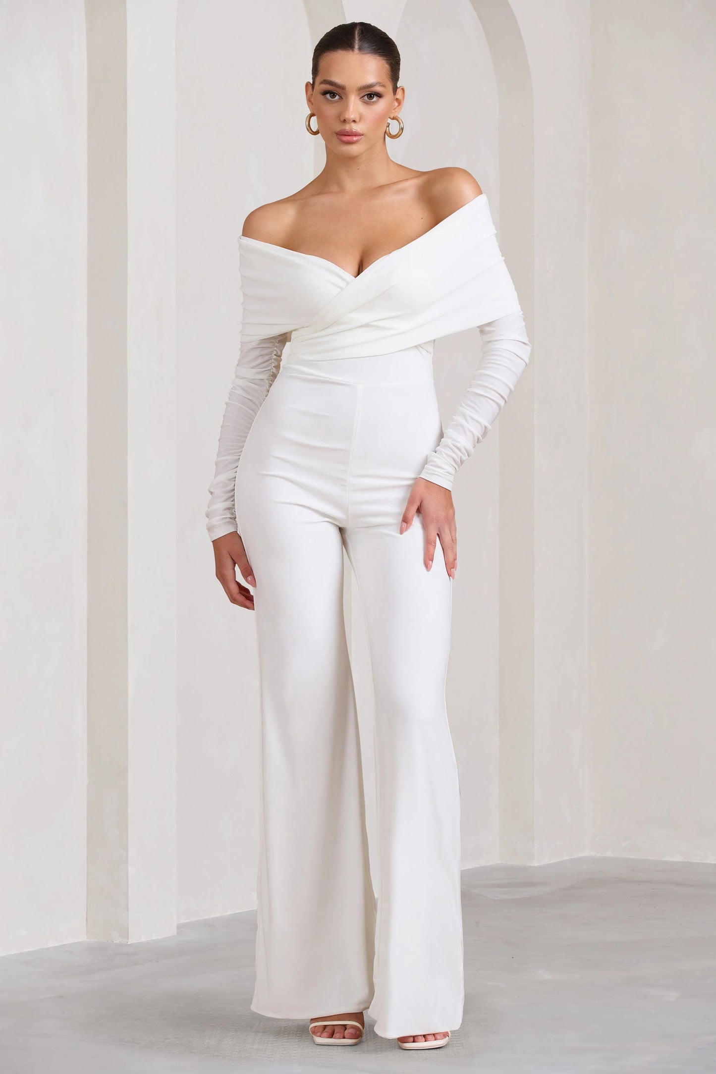 Hand On Heart | White Twist Front Bardot Long Sleeve Jumpsuit