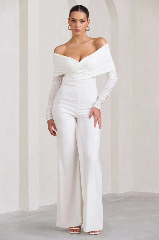 Hand On Heart | White Twist Front Bardot Long Sleeve Jumpsuit