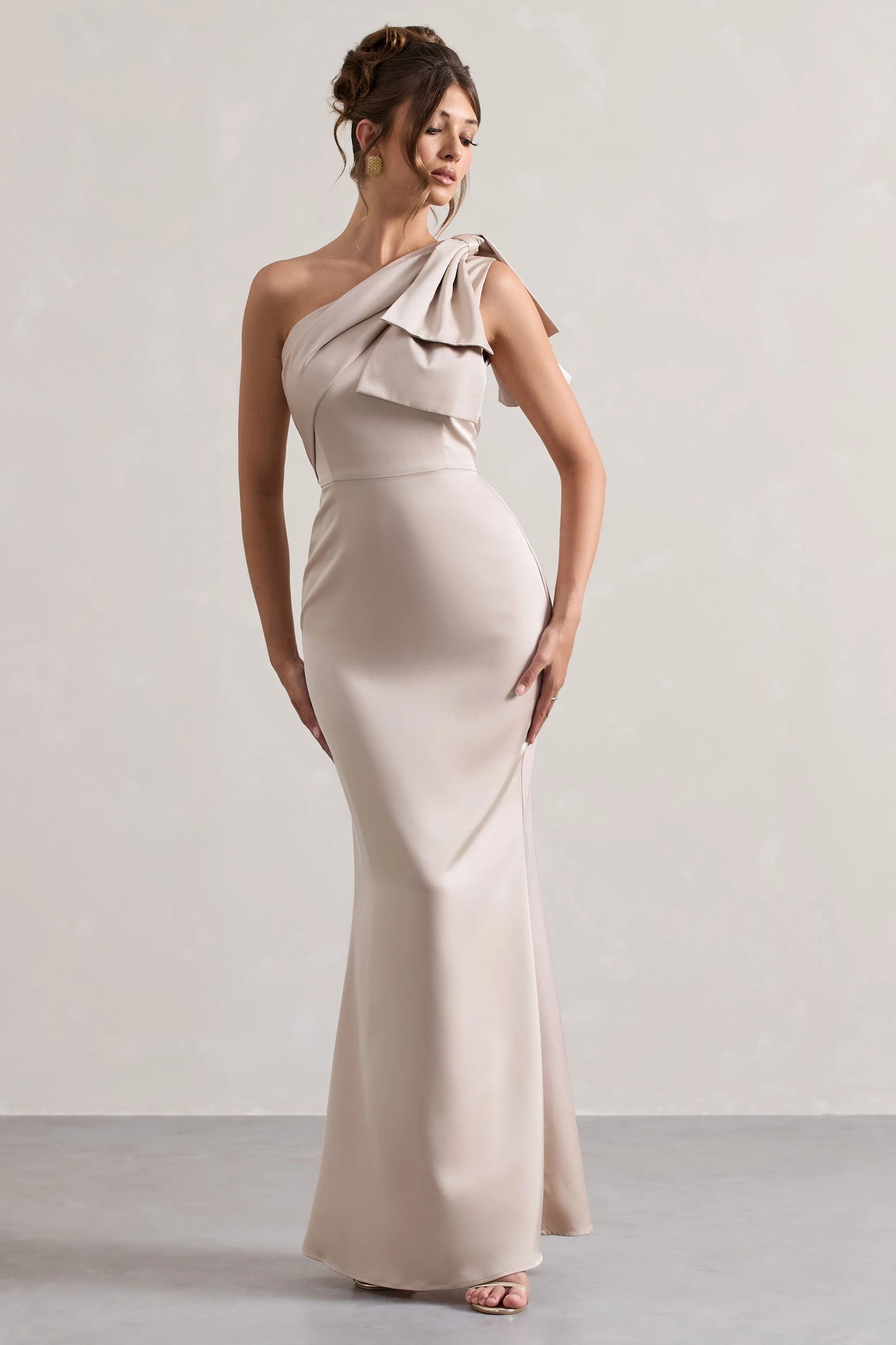 Lady | Champagne Satin One Shoulder Maxi Dress With Bow