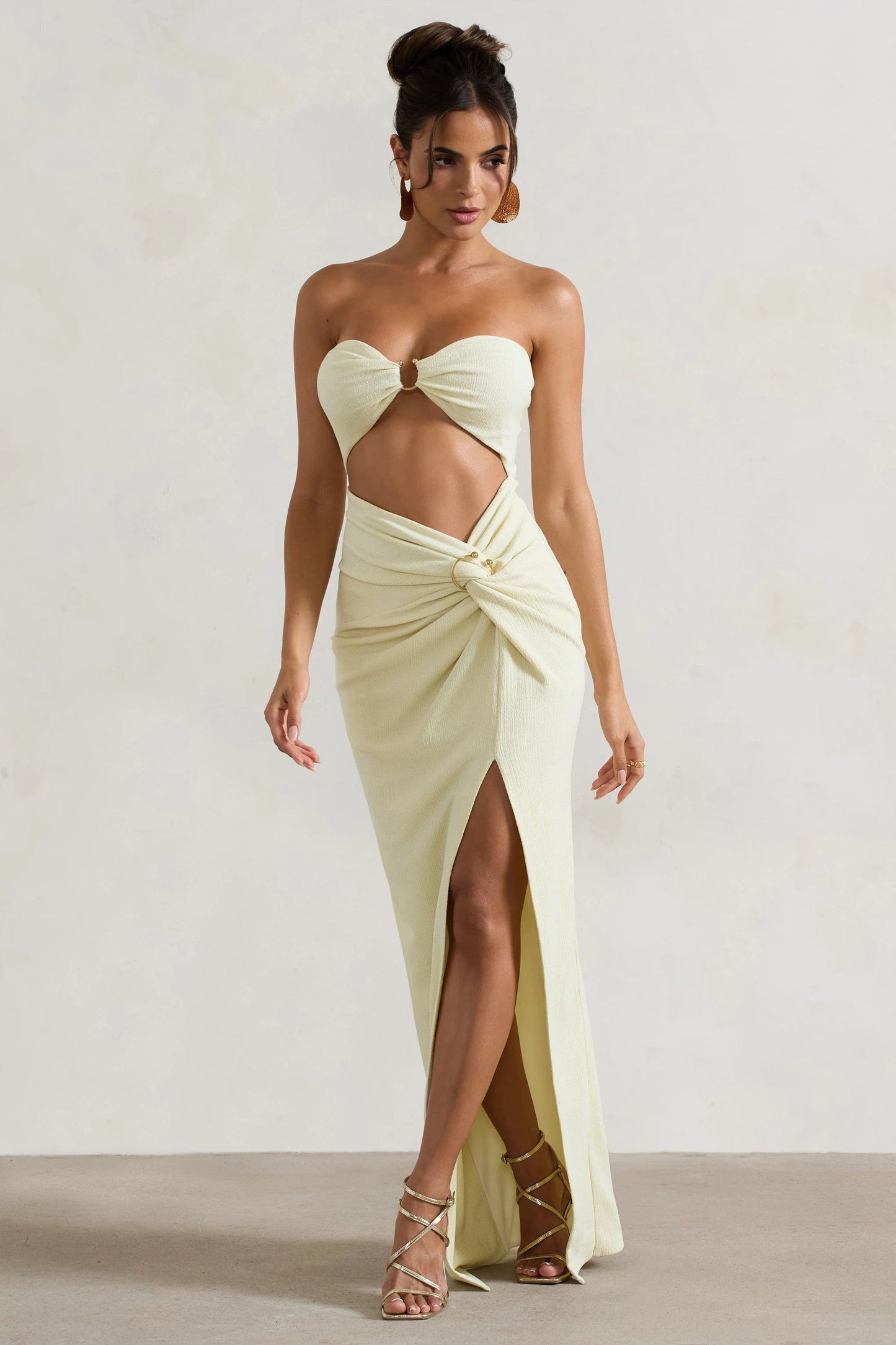 Cancun | Ecru Crinkle Strapless Cut-Out Maxi Dress With Twist