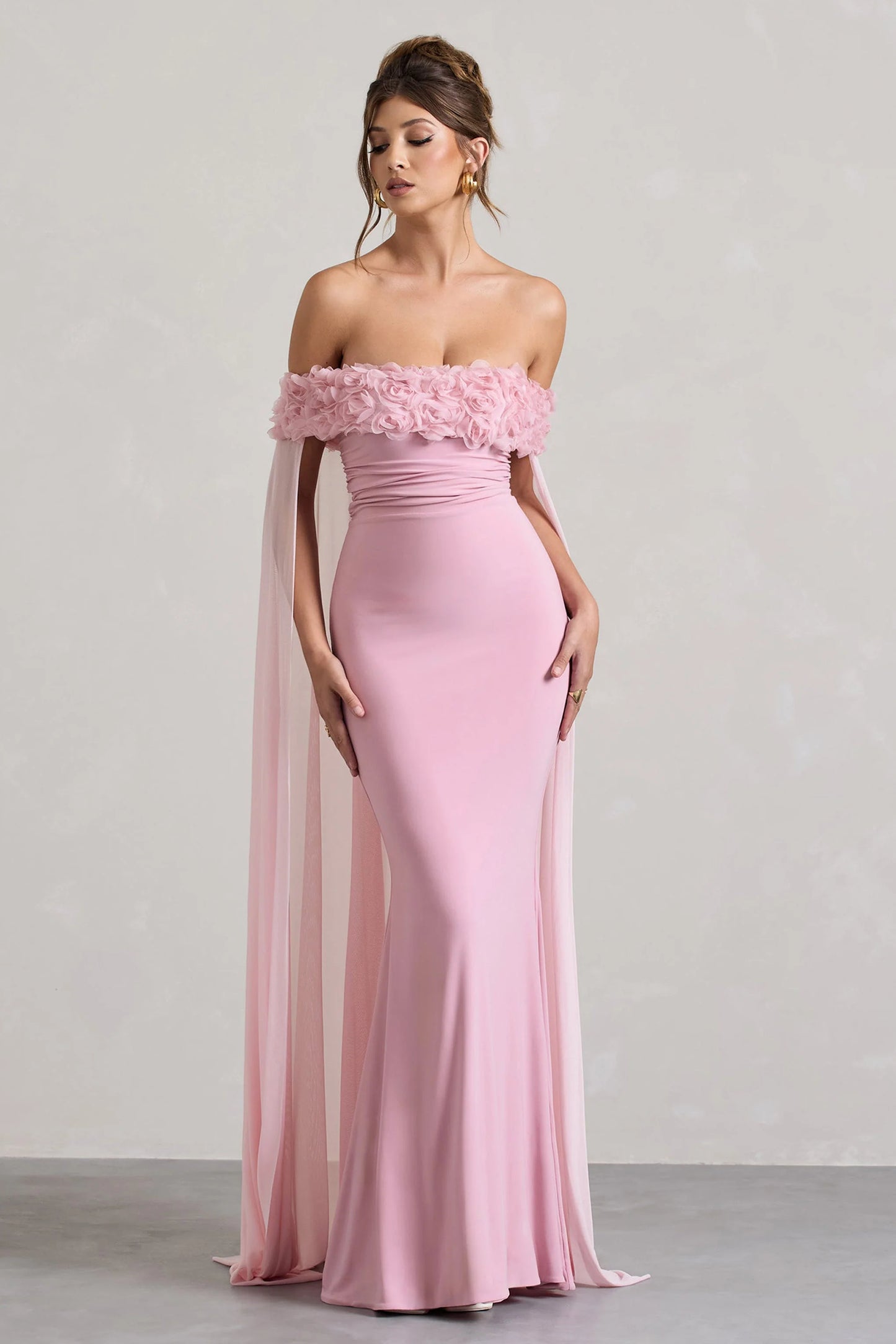 Avant Garde | Blush Pink Floral Bardot Fishtail Maxi Dress With Mesh Cape